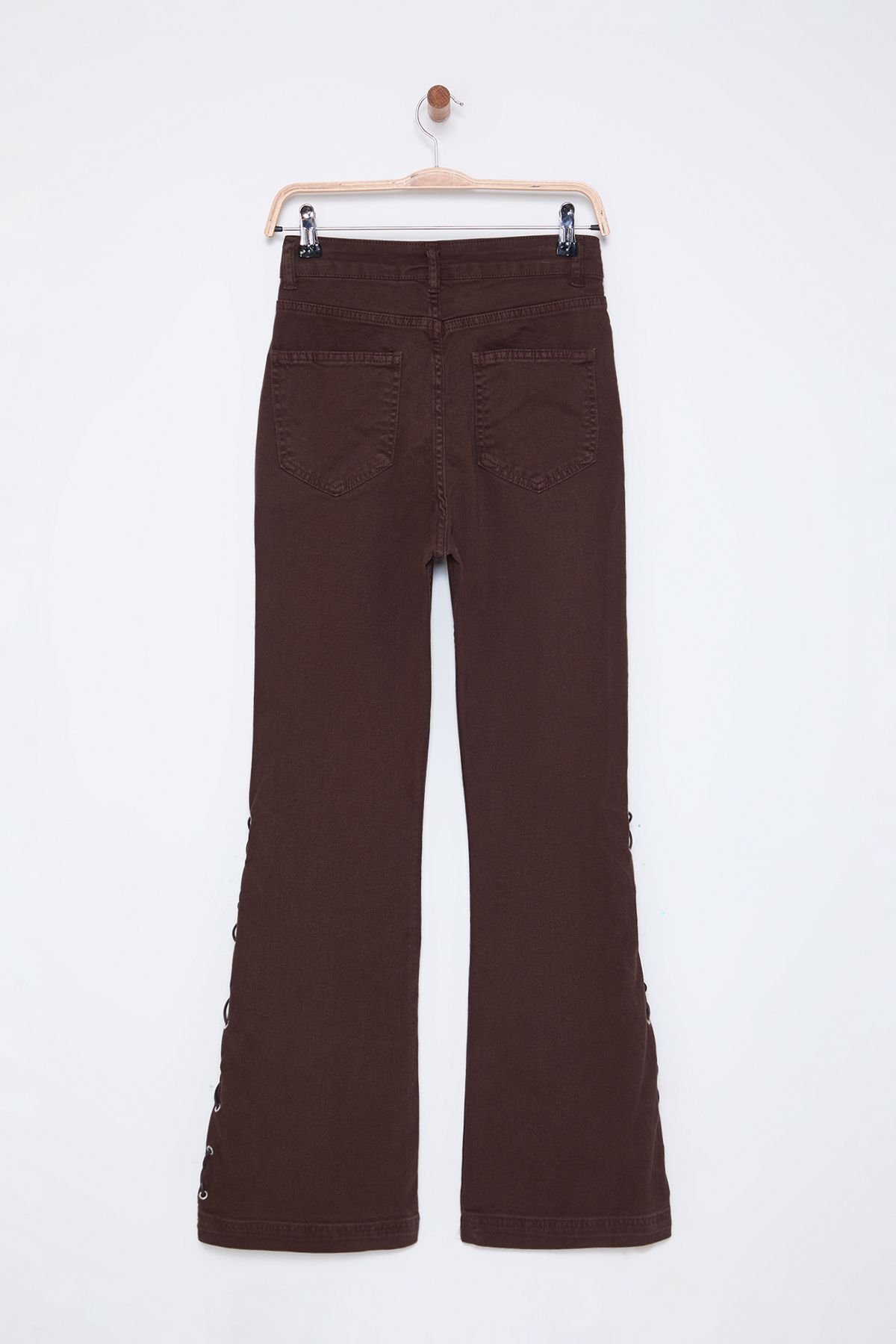 Trendyol Collection-Brązowe jeansy dzwony z wysokim stanem i koronką z oczkami po bokach Twoss25Je00013 9