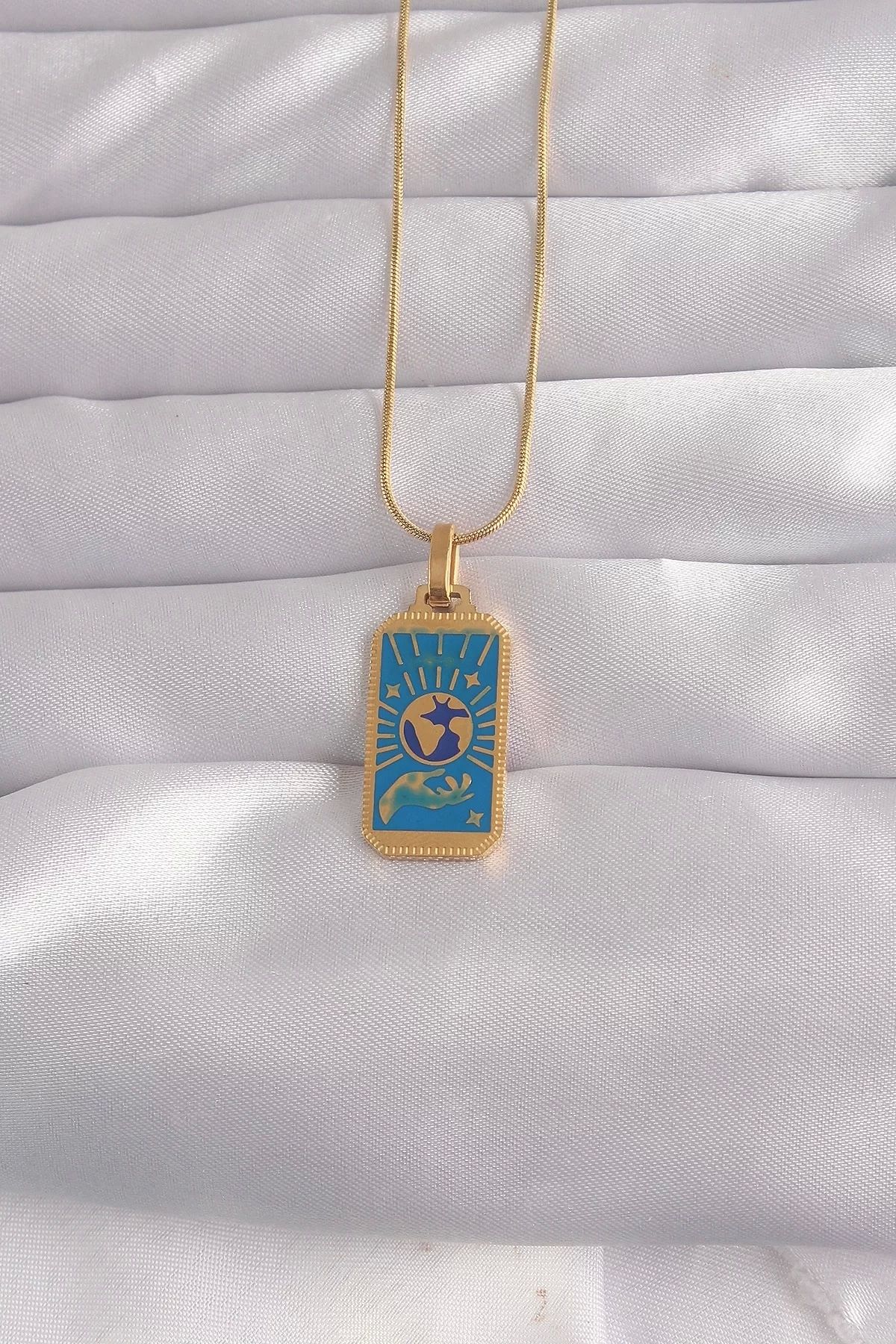 Clariss-316L Steel Gold Color Blue Enameled Hand Figure Tarot Necklace 1