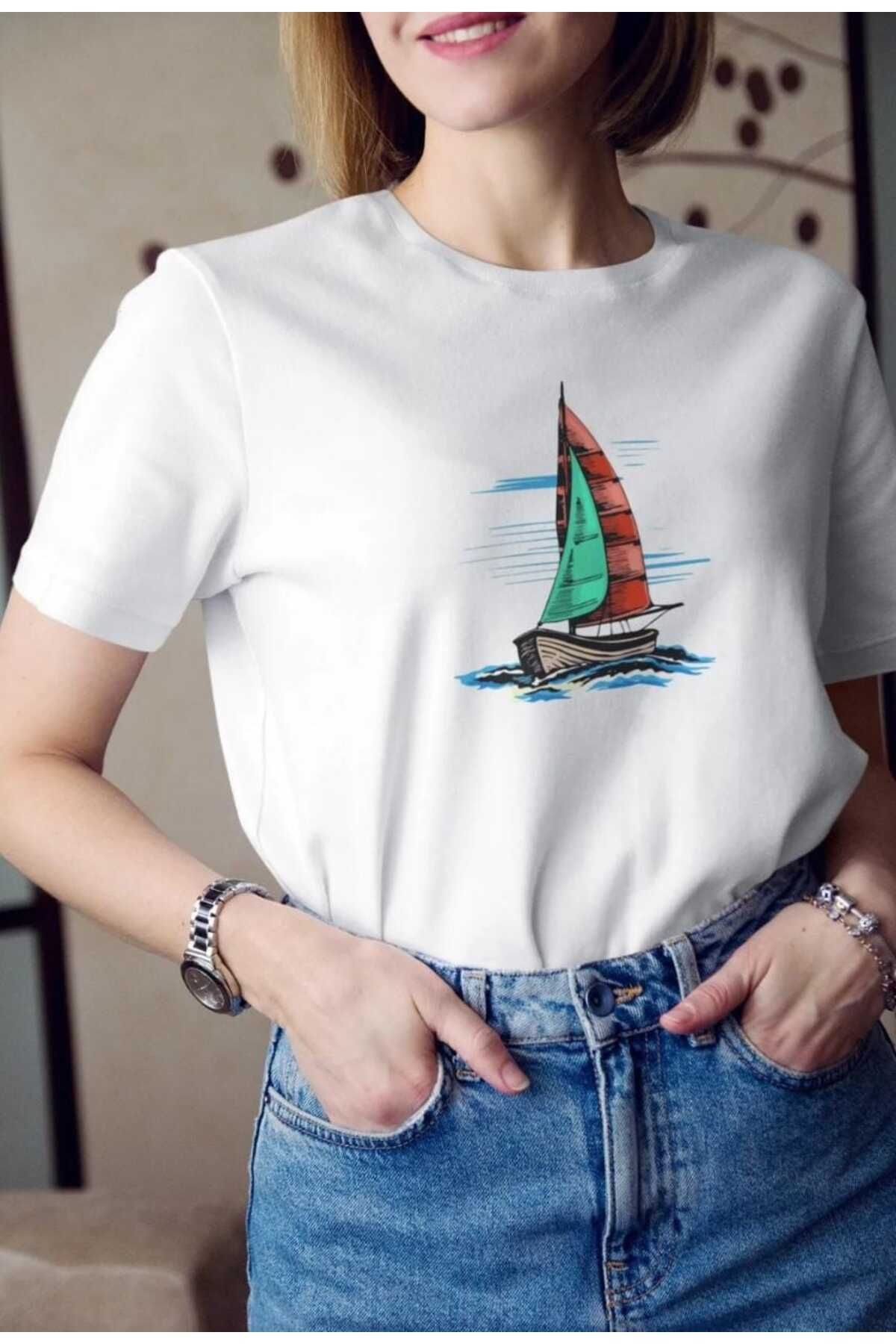 New Shine Tricou Cu Imprimeu Ancora Serie Barca Dama Unisex - L
