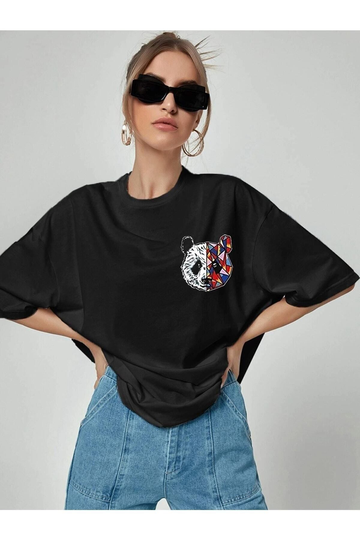 New Shine Kadın Oversize Panda Baskılı Siyah T-shirt