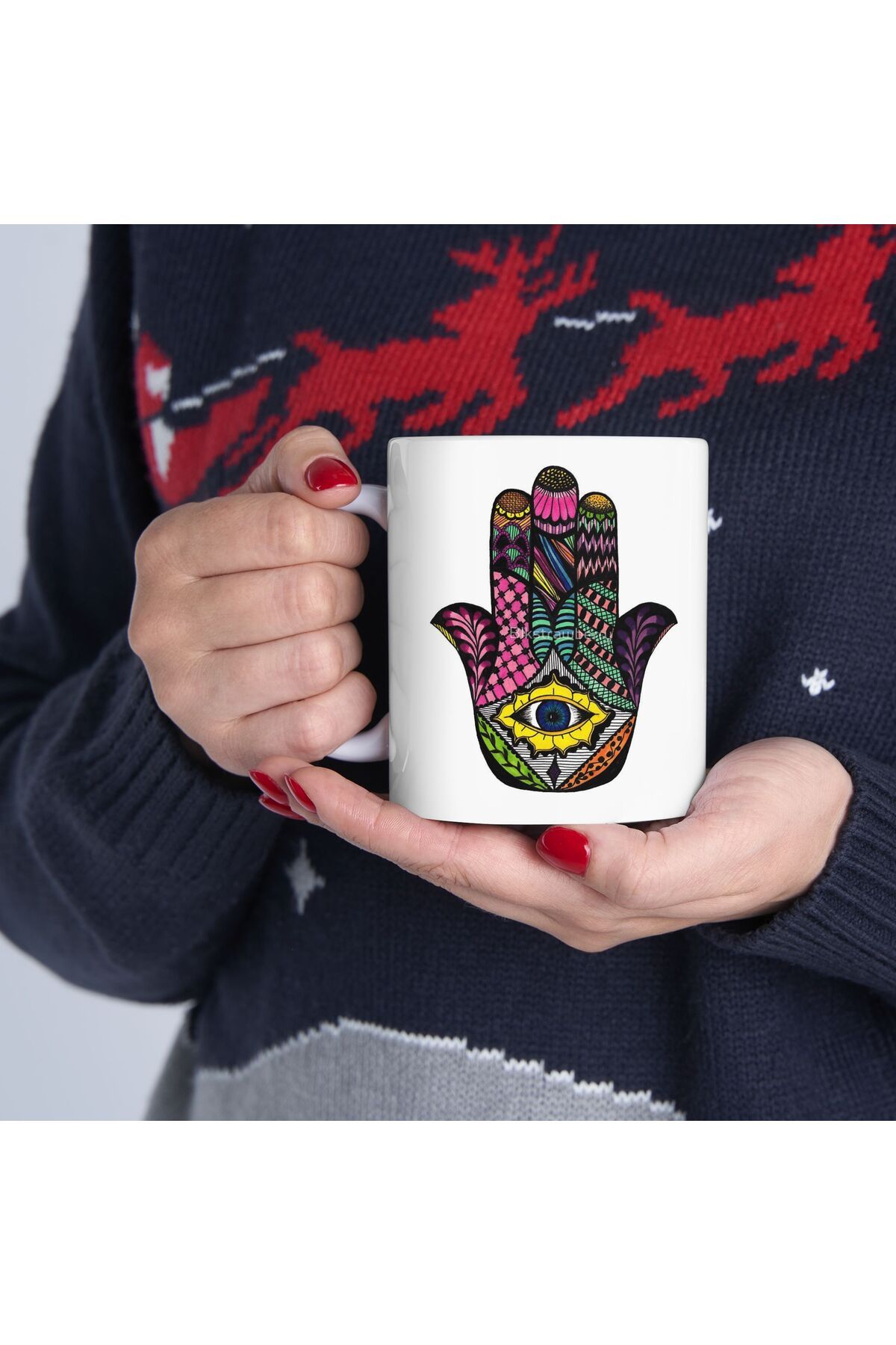 BİBANAPROMOSYON Fatma Ananın Eli Nazar Göz Temalı Kupa Bardak Evil Eye Themed Mug