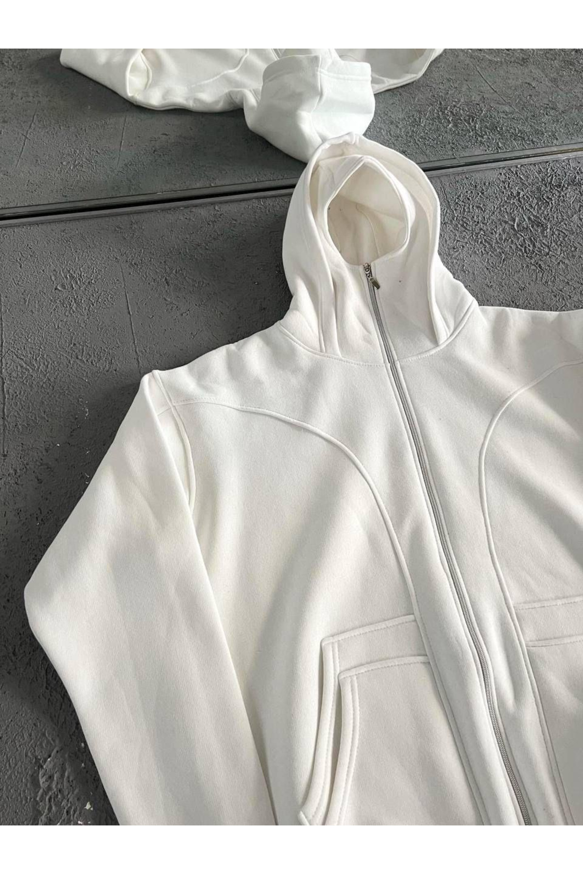 3 İplik Şardonlu Unisex Kar Maskeli Kapüşonlu Oversize Hırka — سفید gflhırx1 — تصویر 4 از 4