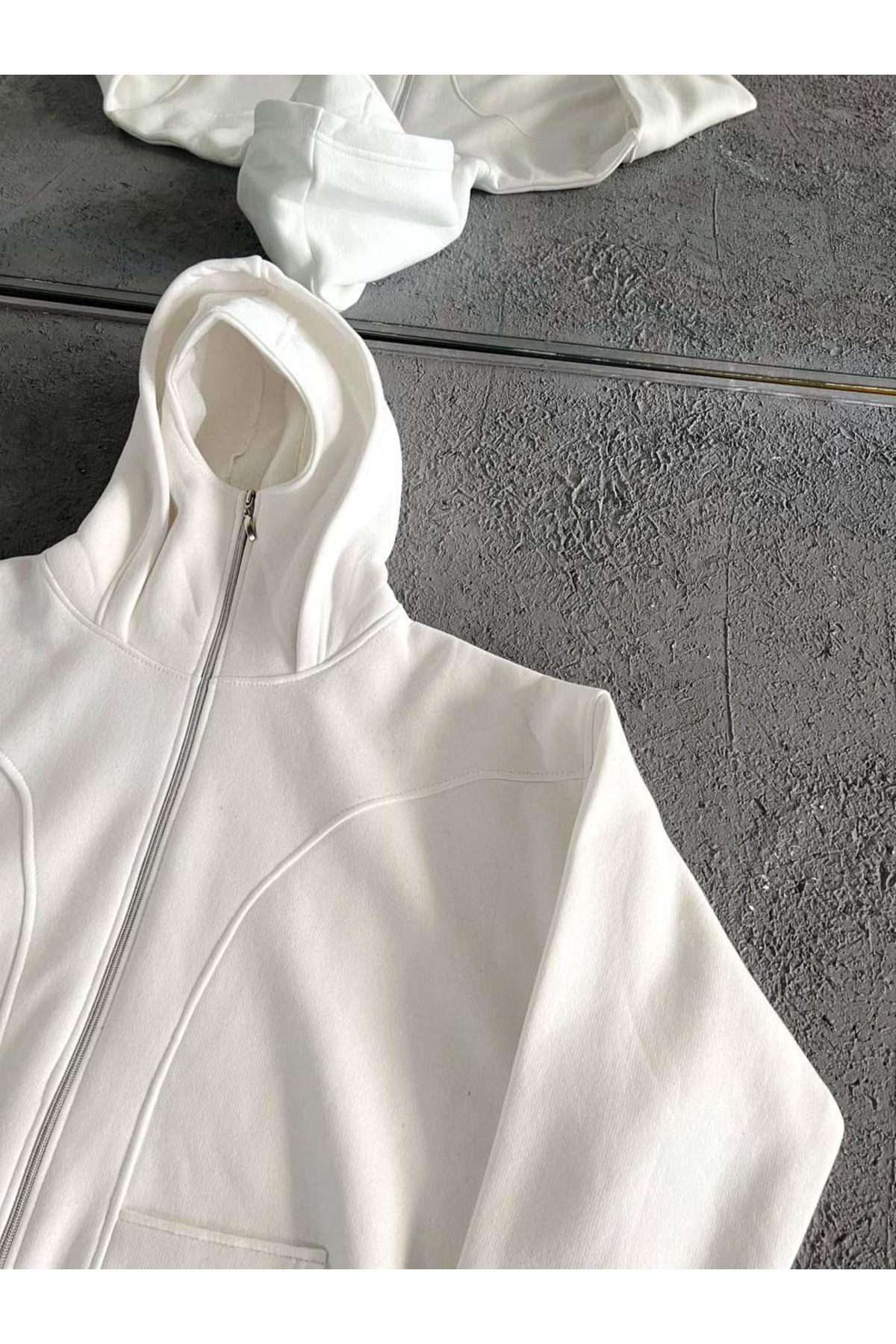 3 İplik Şardonlu Unisex Kar Maskeli Kapüşonlu Oversize Hırka — سفید gflhırx1 — تصویر 3 از 4