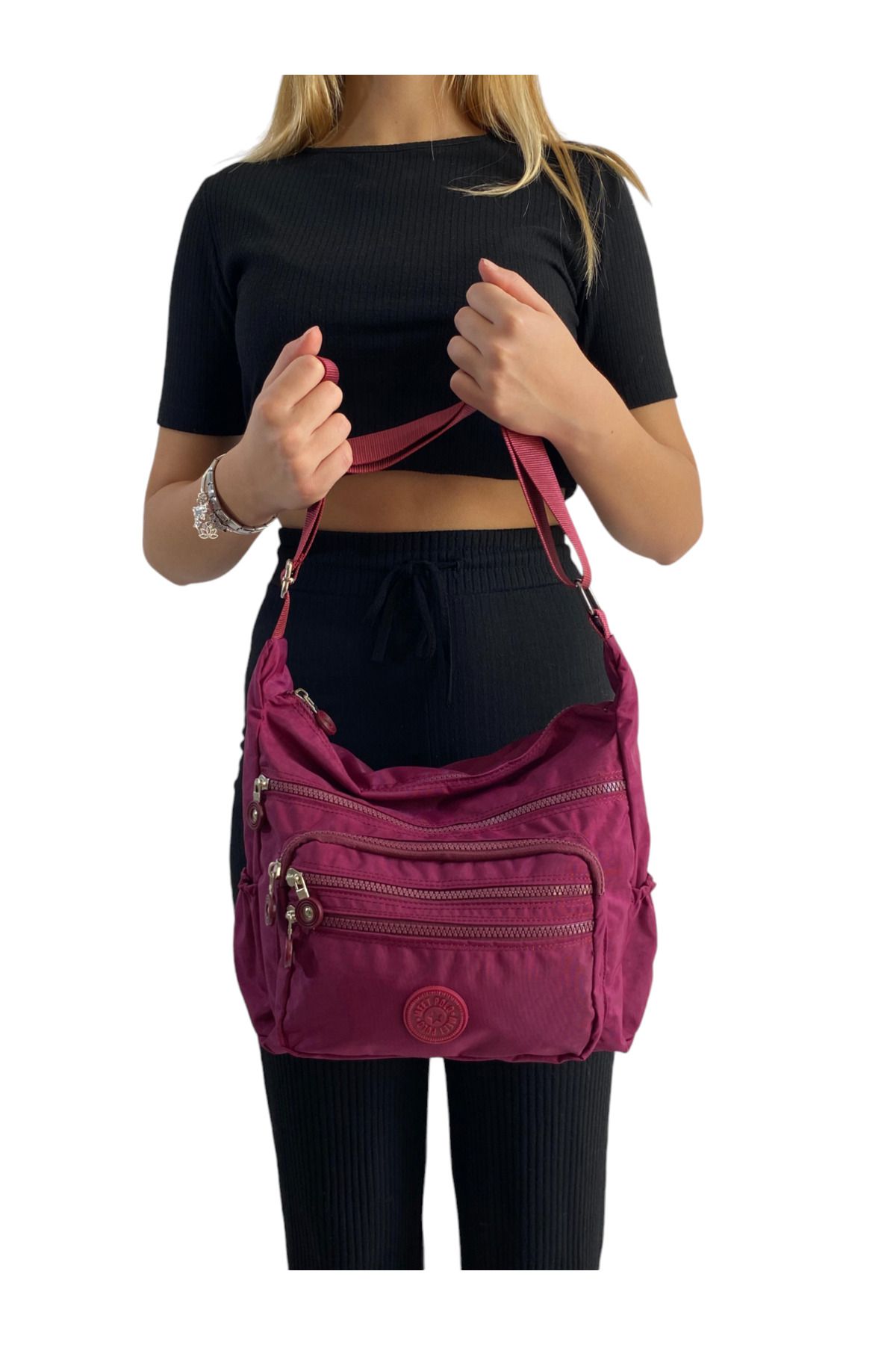 Gloria-Geantă de umăr și crossbody din țesătură Crinkle, impermeabilă, cu 6 compartimente cu fermoar 7