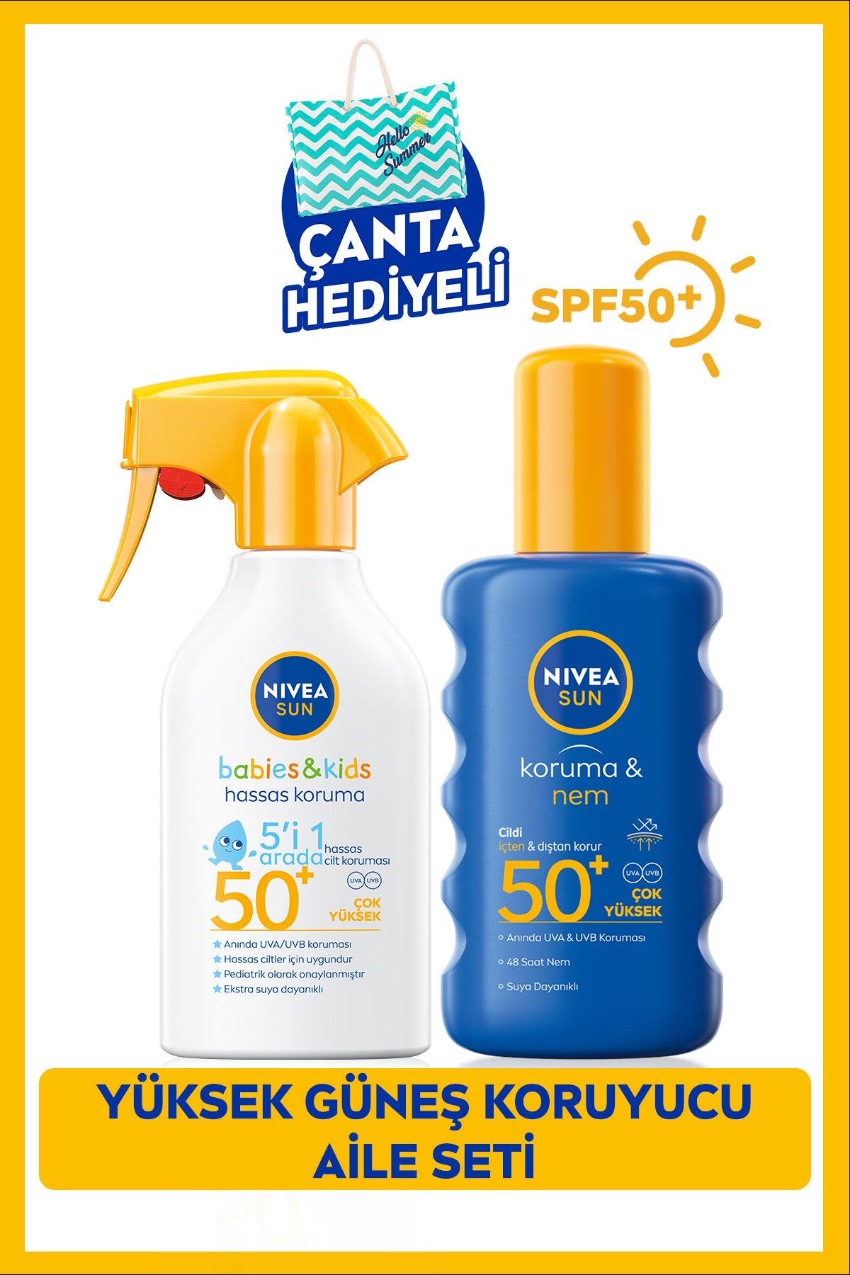 NIVEA Sun Çocuklar Için Güneş Spreyi 270ml Ve Yüksek Güneş Koruyucu Vücut Spreyi 200ml, Spf50,çanta Hediye