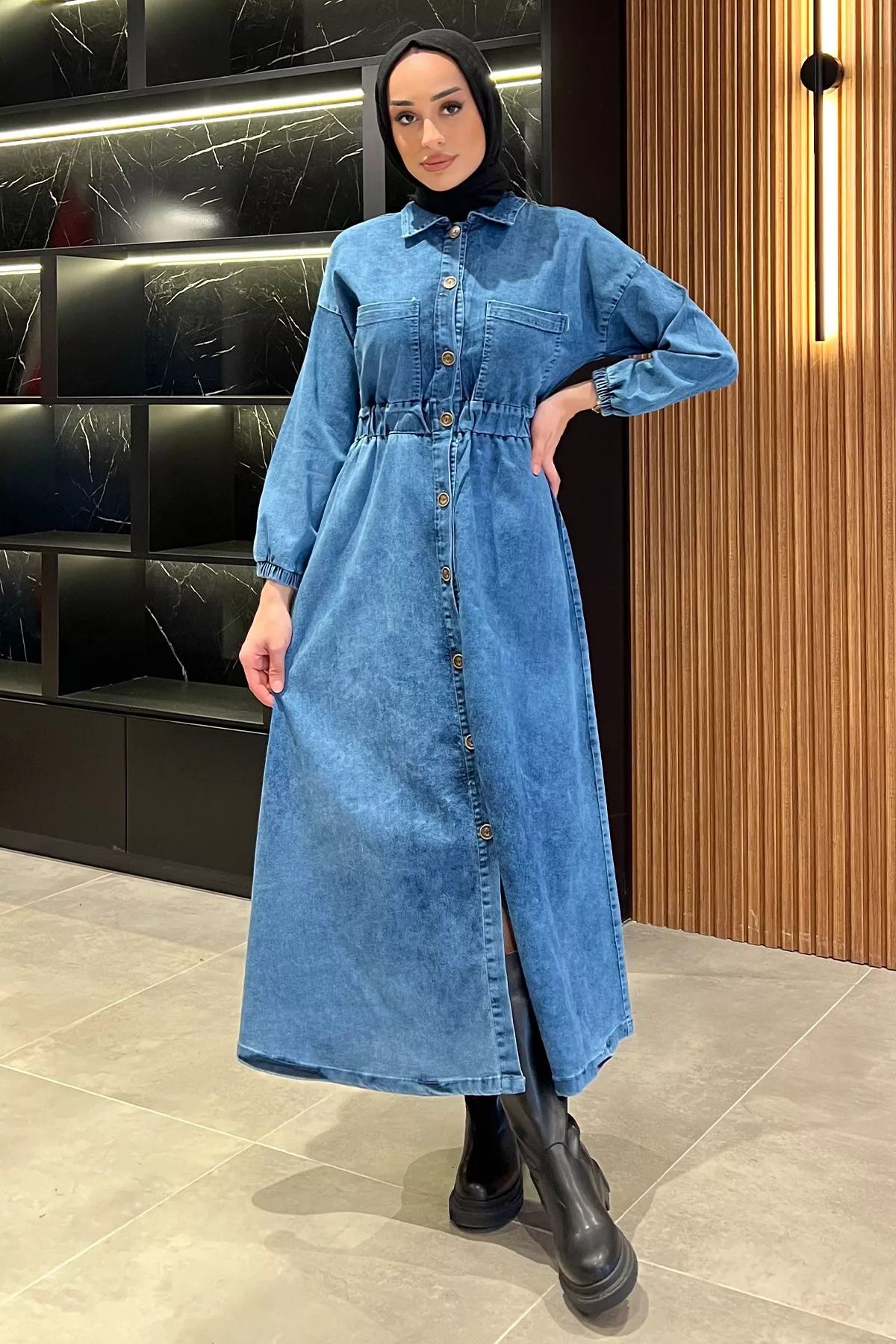 julude-Blue Front Button Jean Jeans Hijab Dress 5