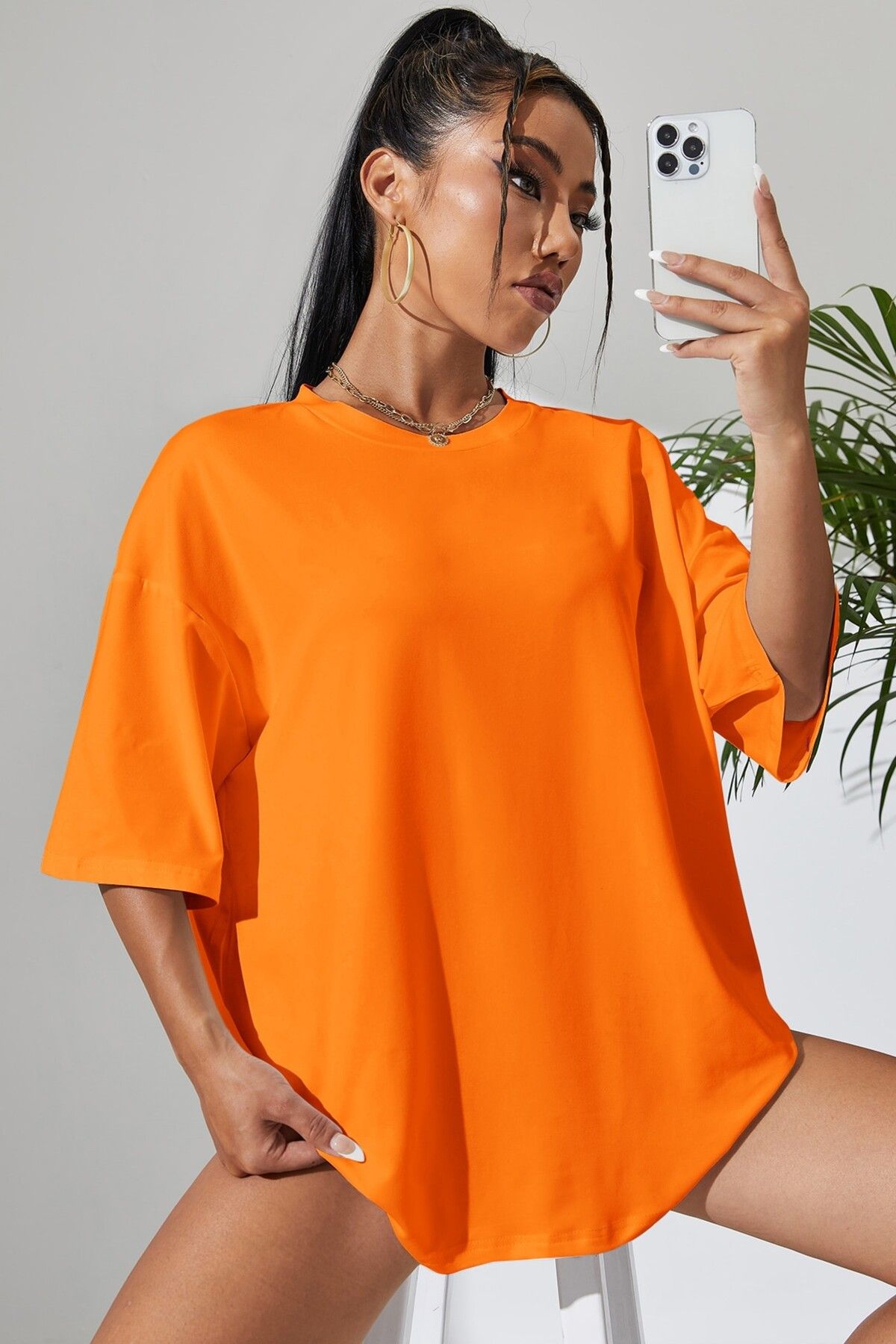 MODAGEN-Unisex Orange Plain Crew Neck Oversize T-Shirt 4