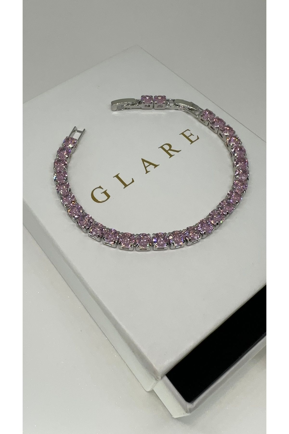 GLARE JEWELRY Gümüş Pırlanta Montür Pembe Su Yolu Çelik Bileklik 4mm