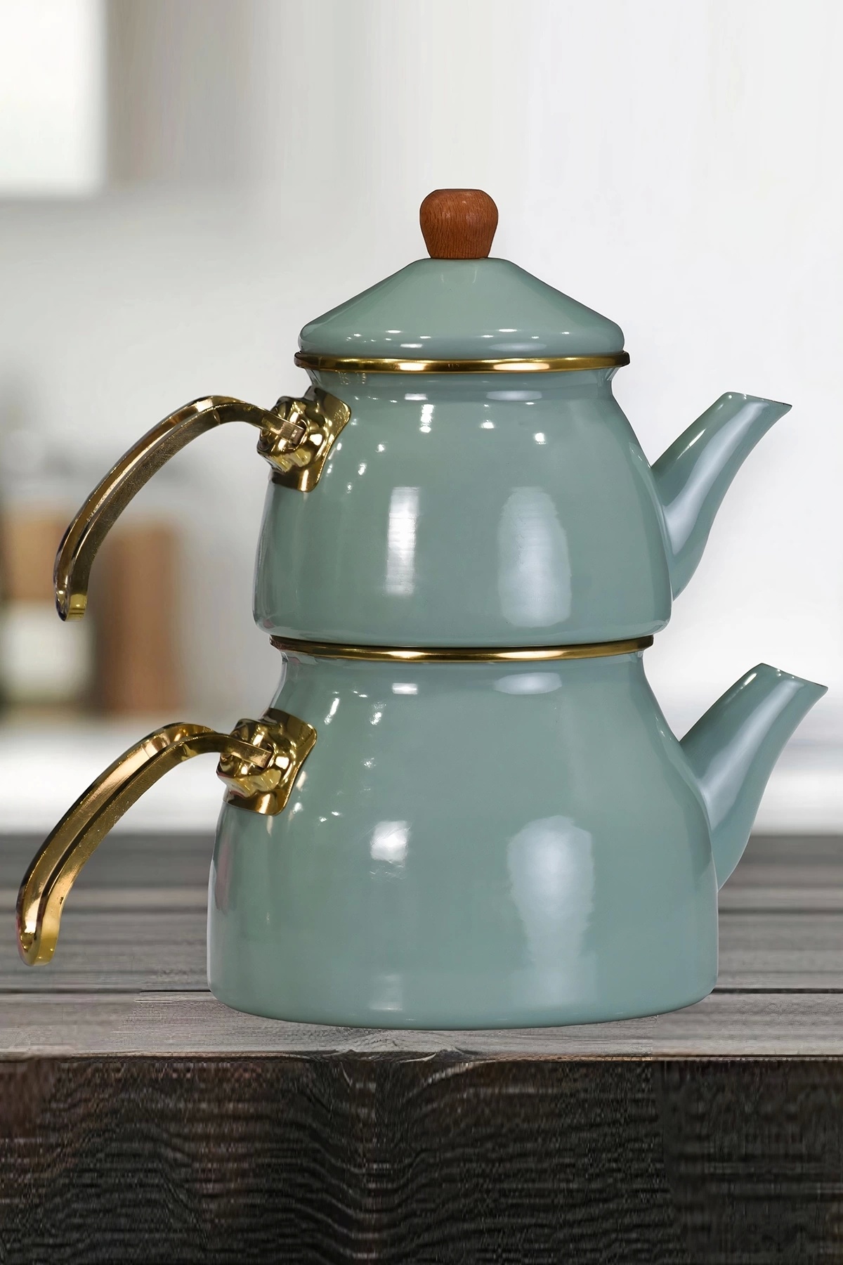 PR HOME-Soft Green Gold Model Enamel Teapot 2