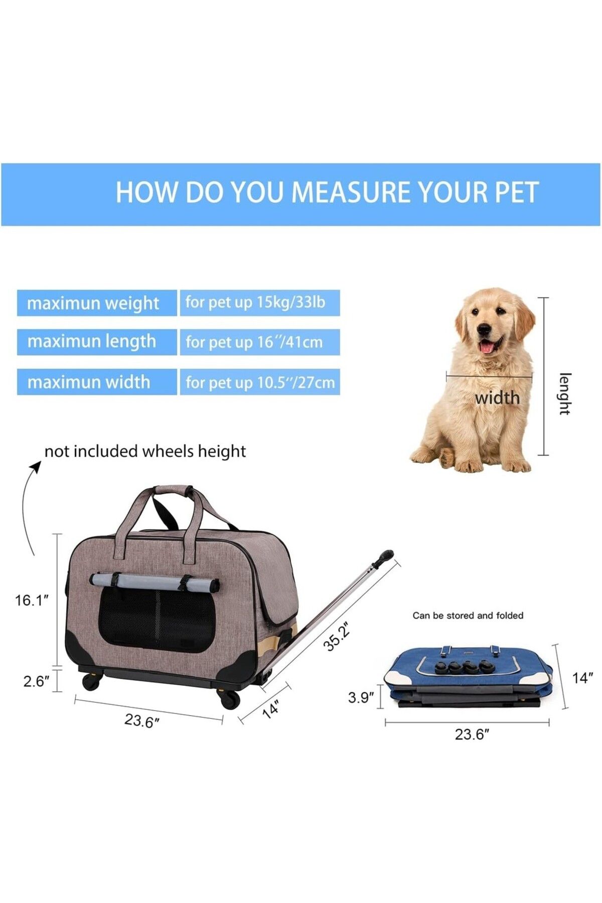 NC-Foldable Pet Carrier with Wheels, for Small Dogs and Cats 2