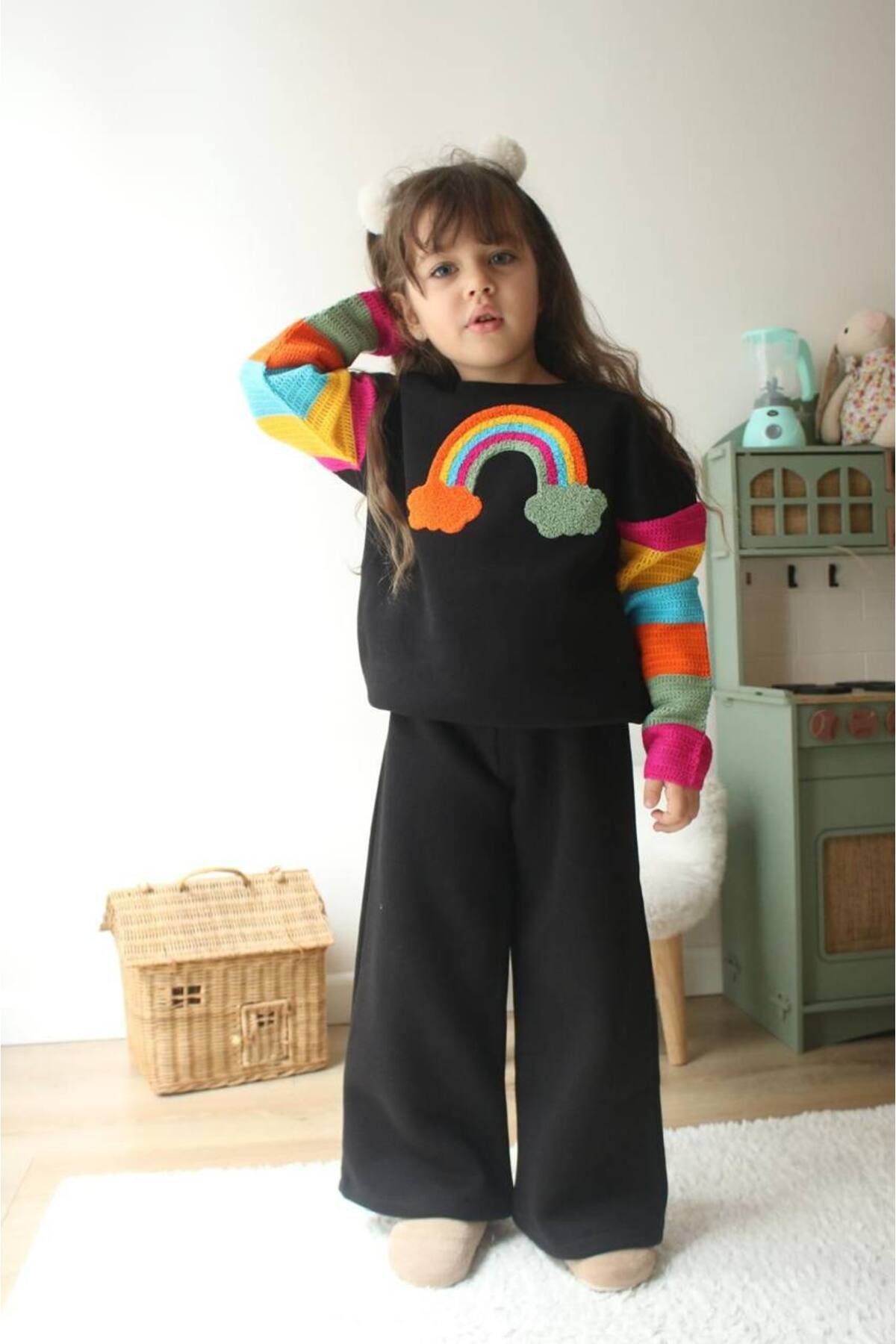 Lolliboomkids-Fată Copil Culoare Neagră Moale Cald 3 Fire Fleece Broderie Hanorac Brodat Trening Partea Inferioară Top Set 3