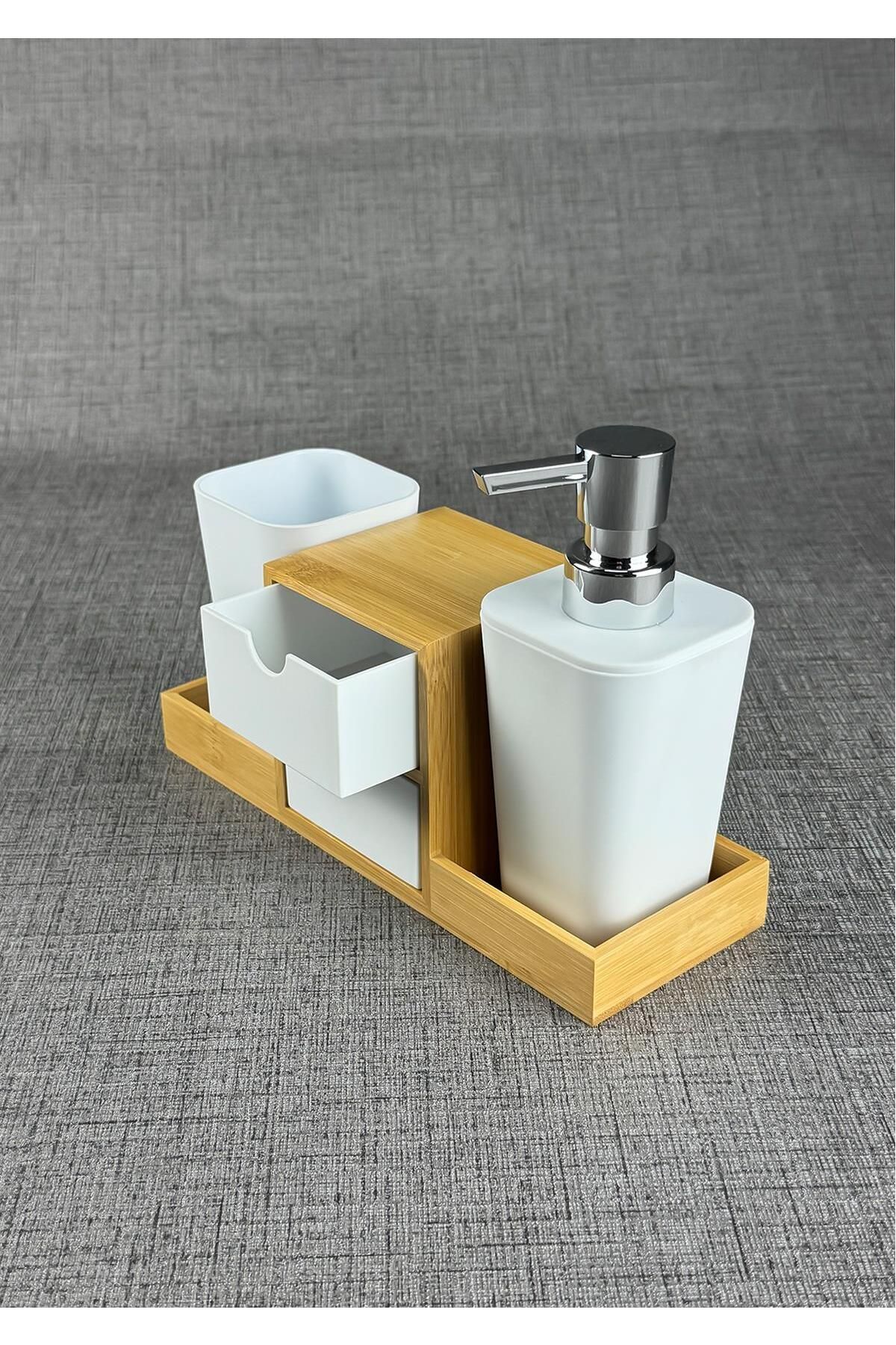 HomeTarz-Acrylic Bamboo Bathroom Sink Set with Drawer Cotton Dispenser Liquid Soap Dispenser Toothbrush Holder Set 3 Pieces 1