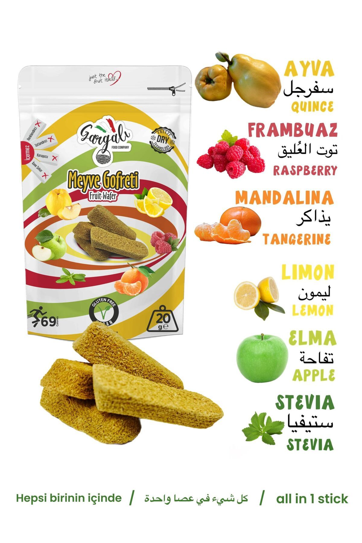 gargalı Freeze Dried Sağlıklı Gofret Meyve Gofreti Ayva Frambuaz Limon