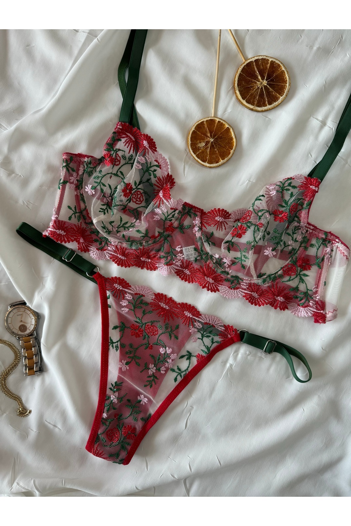 ROZENİN LINGERIE-Christmas Gift Red Green Floral Underwire Cupless Tulle Bra Set (Bra Thong) 6