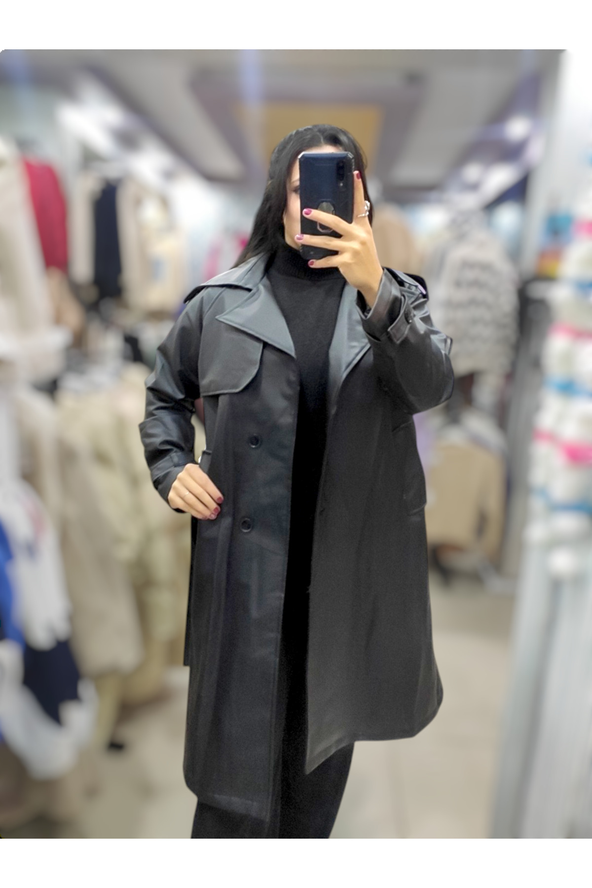 Sublime Butik Kadın Siyah Deri Kuşaklı Düğmeli Palto görsel 5