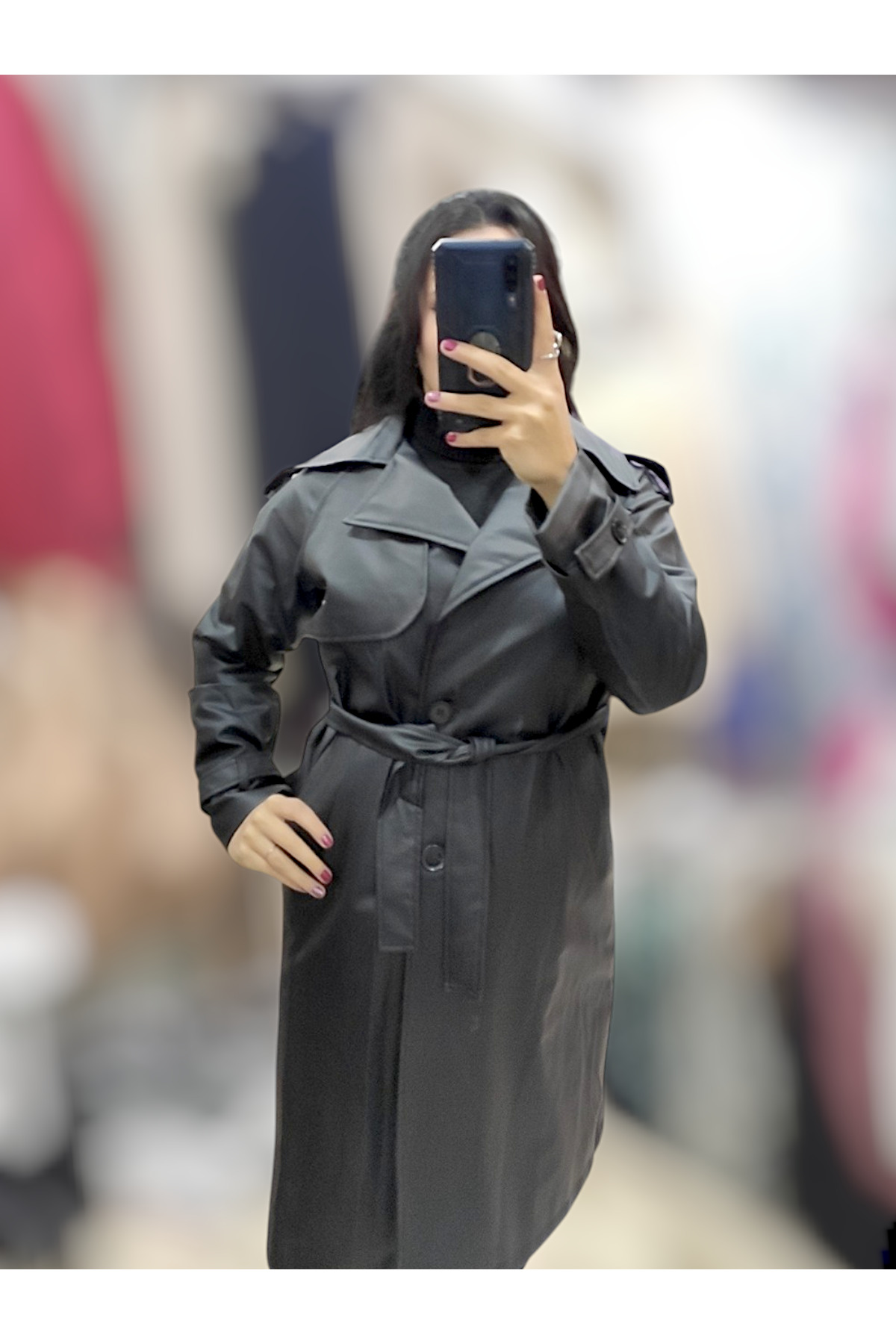 Sublime Butik Kadın Siyah Deri Kuşaklı Düğmeli Palto görsel 2