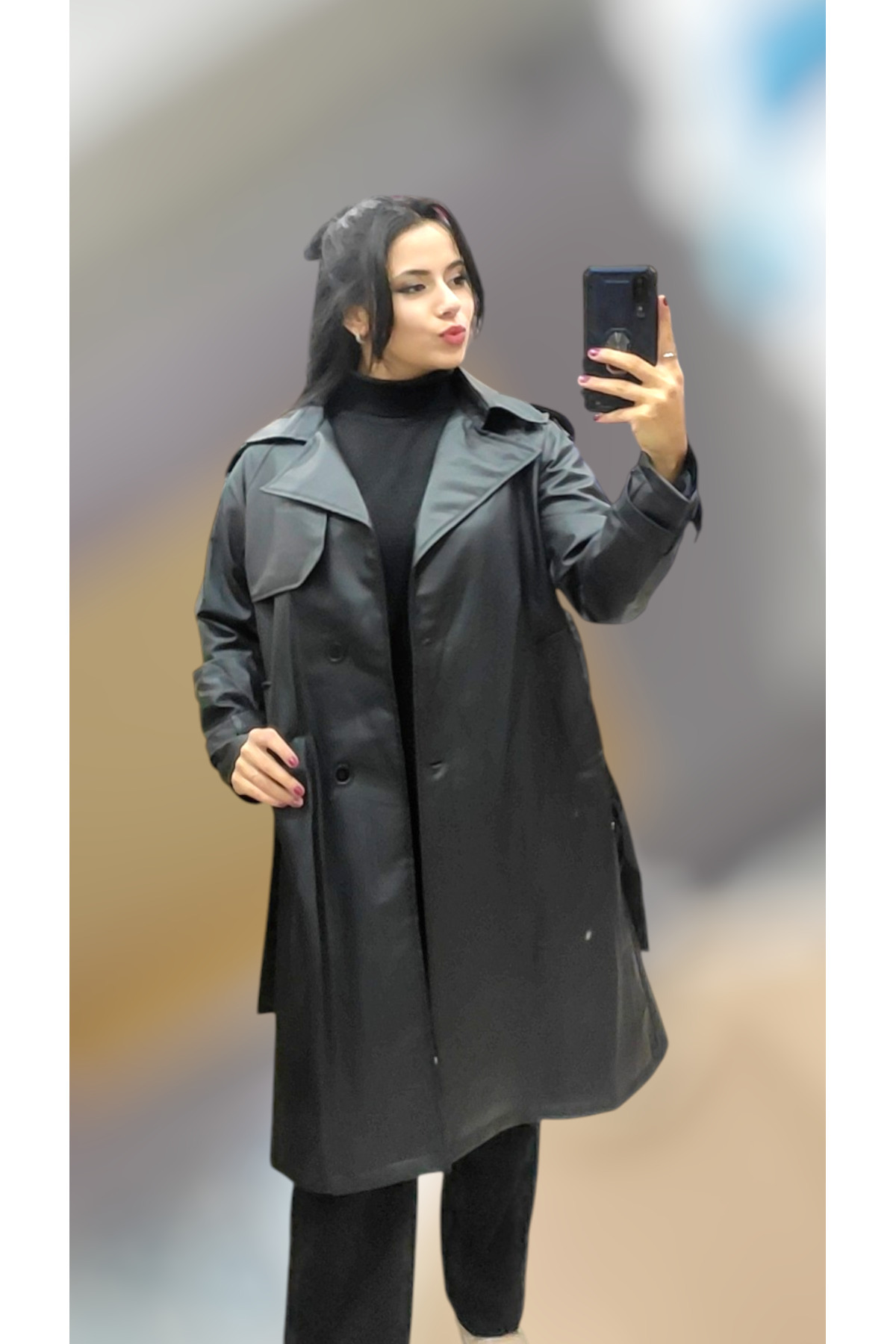 Sublime Butik Kadın Siyah Deri Kuşaklı Düğmeli Palto görsel 4