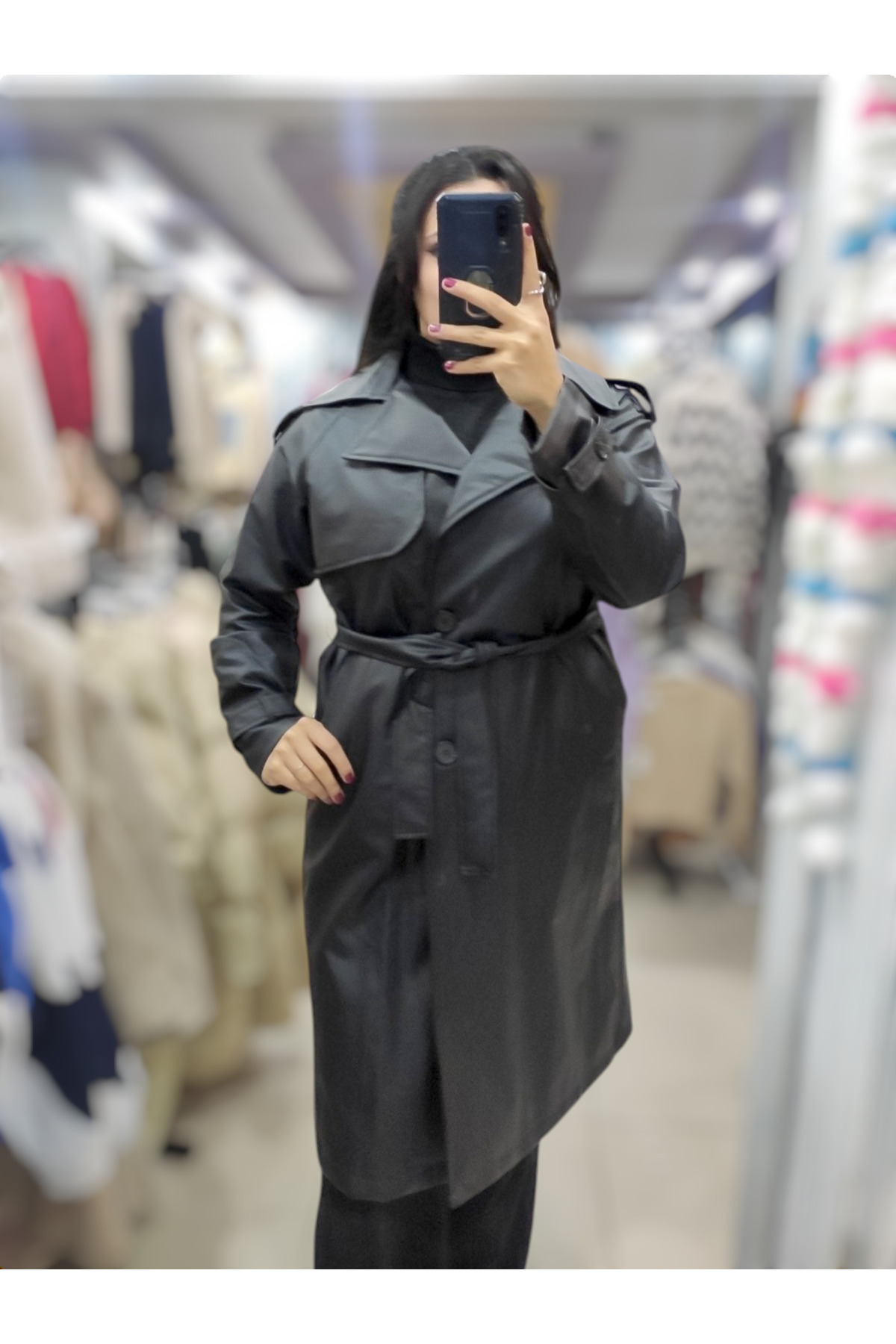 Sublime Butik Kadın Siyah Deri Kuşaklı Düğmeli Palto görsel 6