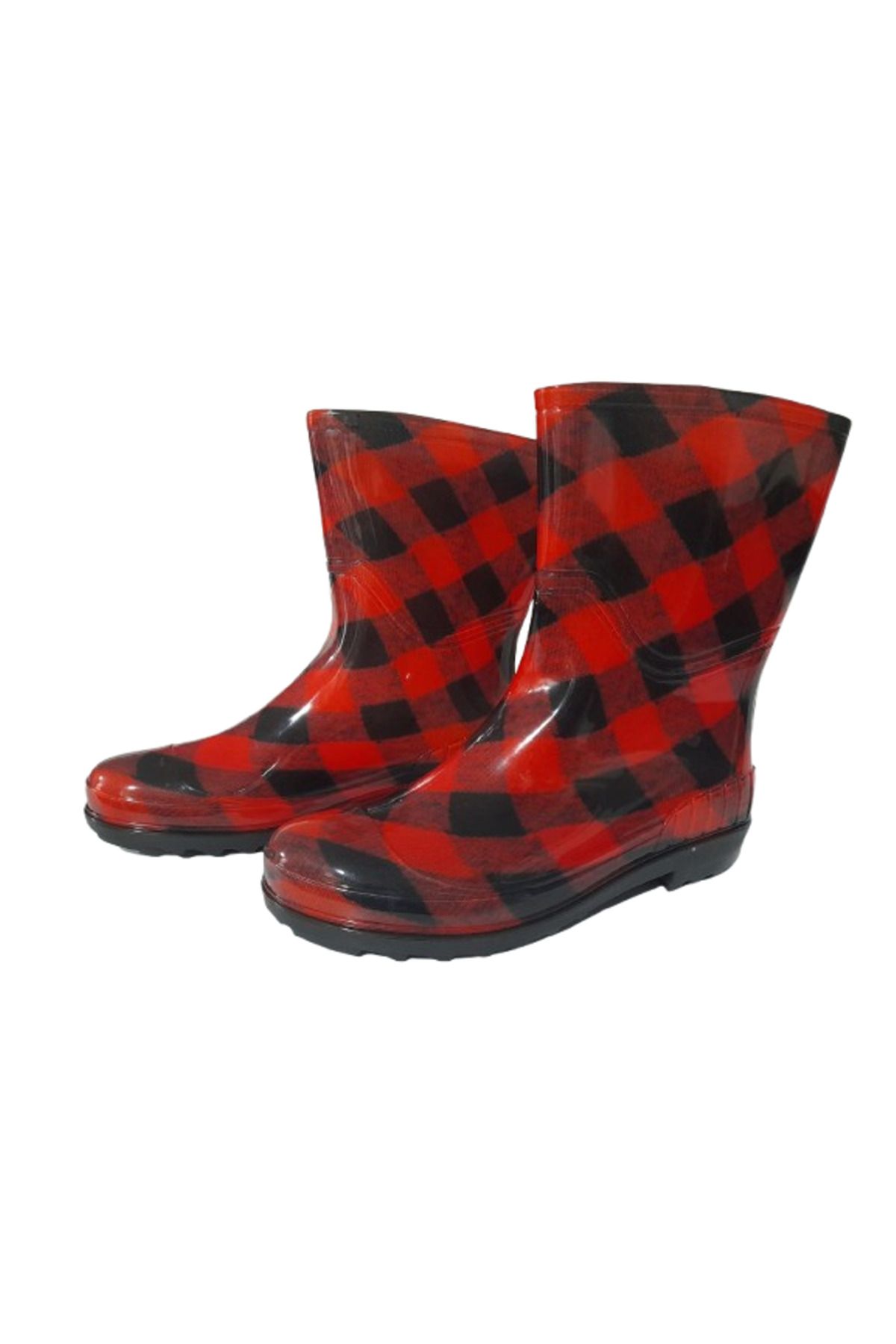 Emek-Women's Red-Black Striped 23 cm Short Garden Rain Boots 2