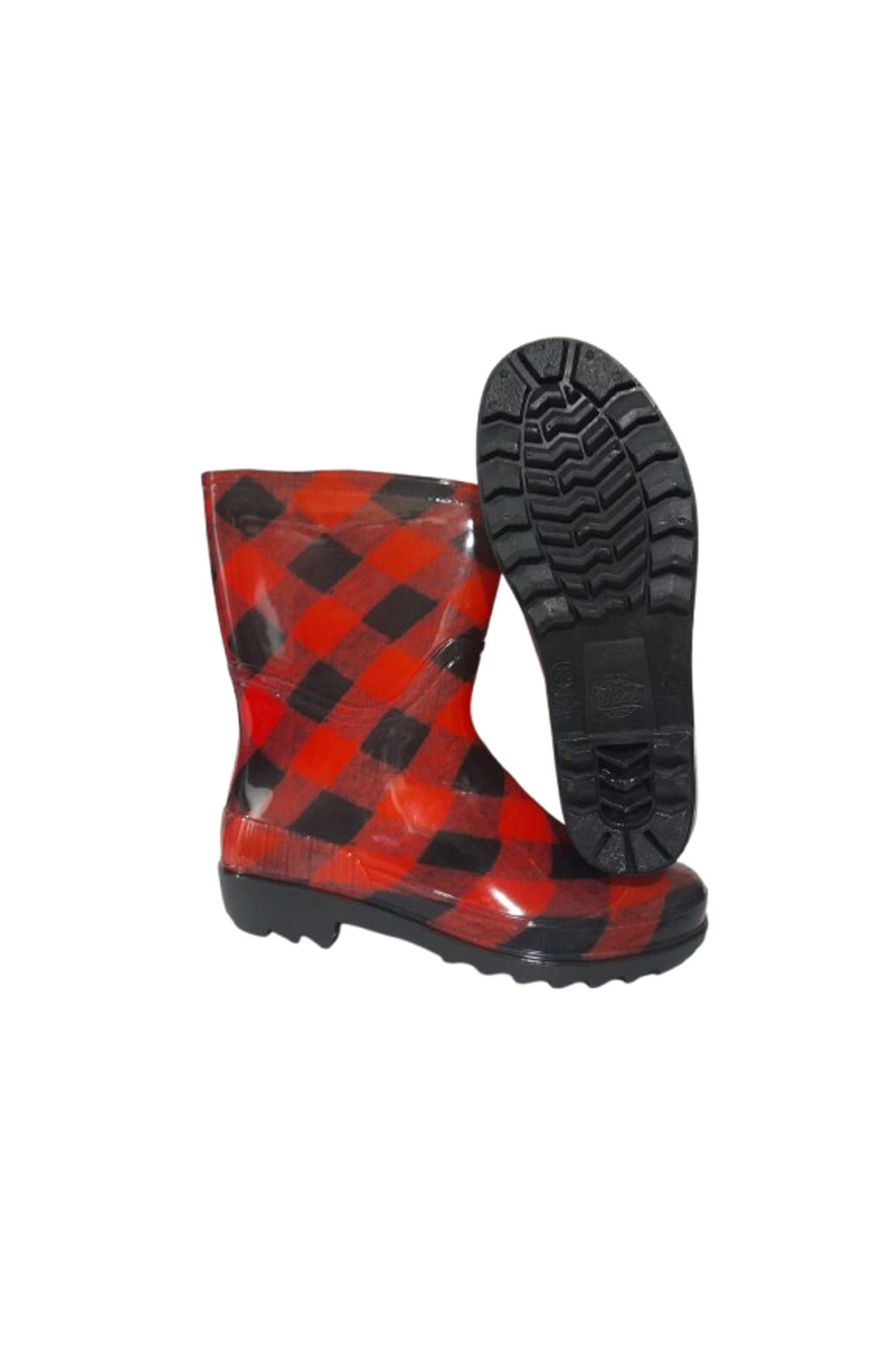 Emek-Women's Red-Black Striped 23 cm Short Garden Rain Boots 4