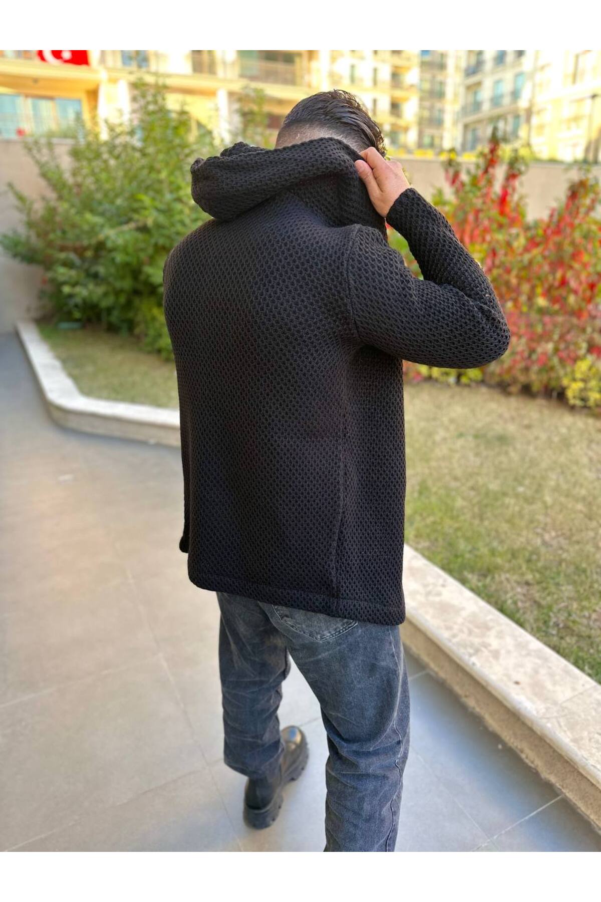 ژاکت بافتنی بلند پانچو کلاه دار گشاد — مشکی HIR2681-DEK — تصویر 7 از 9