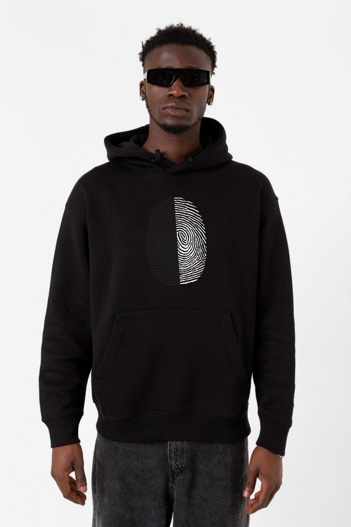 Tshirthane-Black White Fingerprint Black Men's 3Ip Hooded Sweatshirt 1