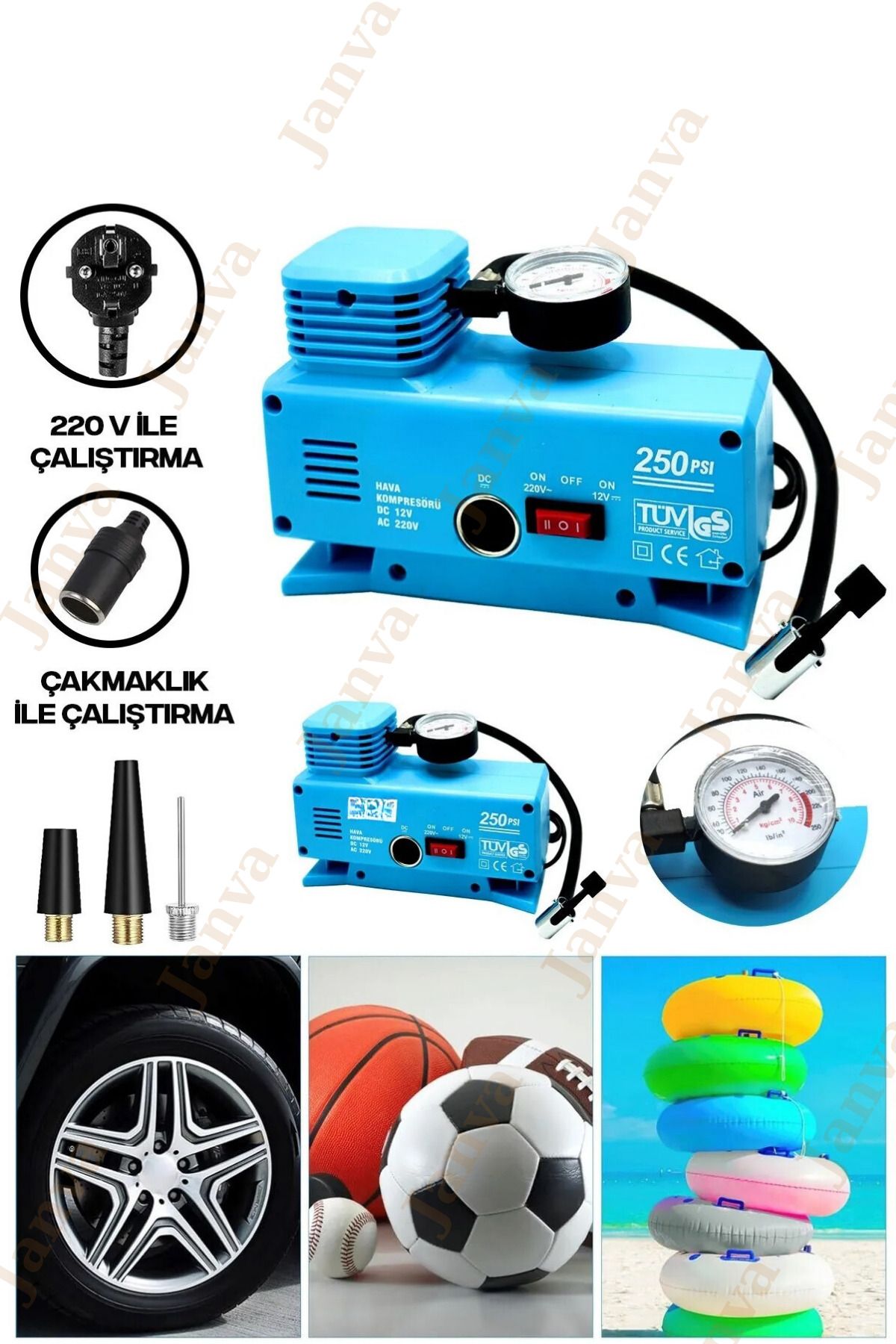 Janva 220 Volt-12 Volt 250 Psi Psi Kompresör Lastik Hava Şişirme Oto Pompası Fişli Çakmaklıklı