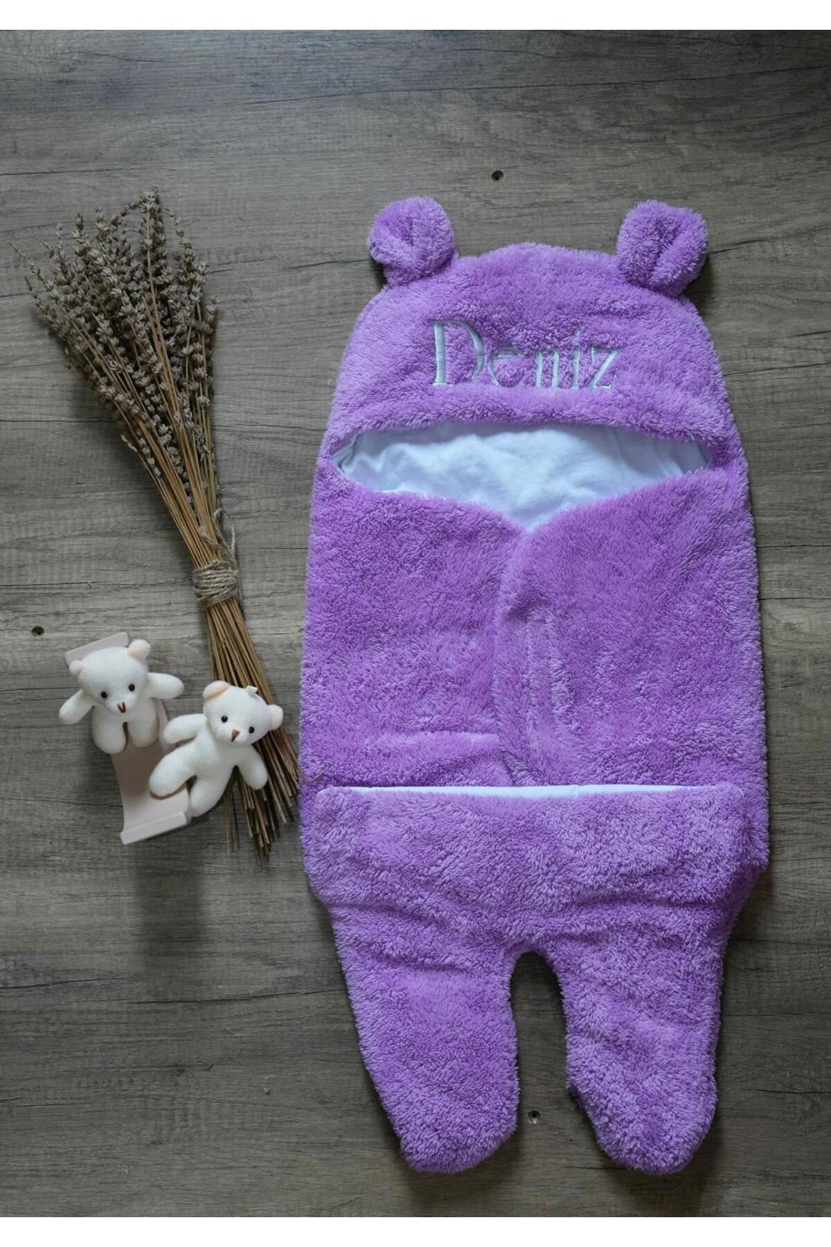tinykiddesign Bebek Dış Kundak Uyku Tulumu Kişiye Özel Nakışlı Kıvırcık Wellsoft Peluş Ayıcık Kulaklı Lila Mor fotoğrafı 6 (önizleme)