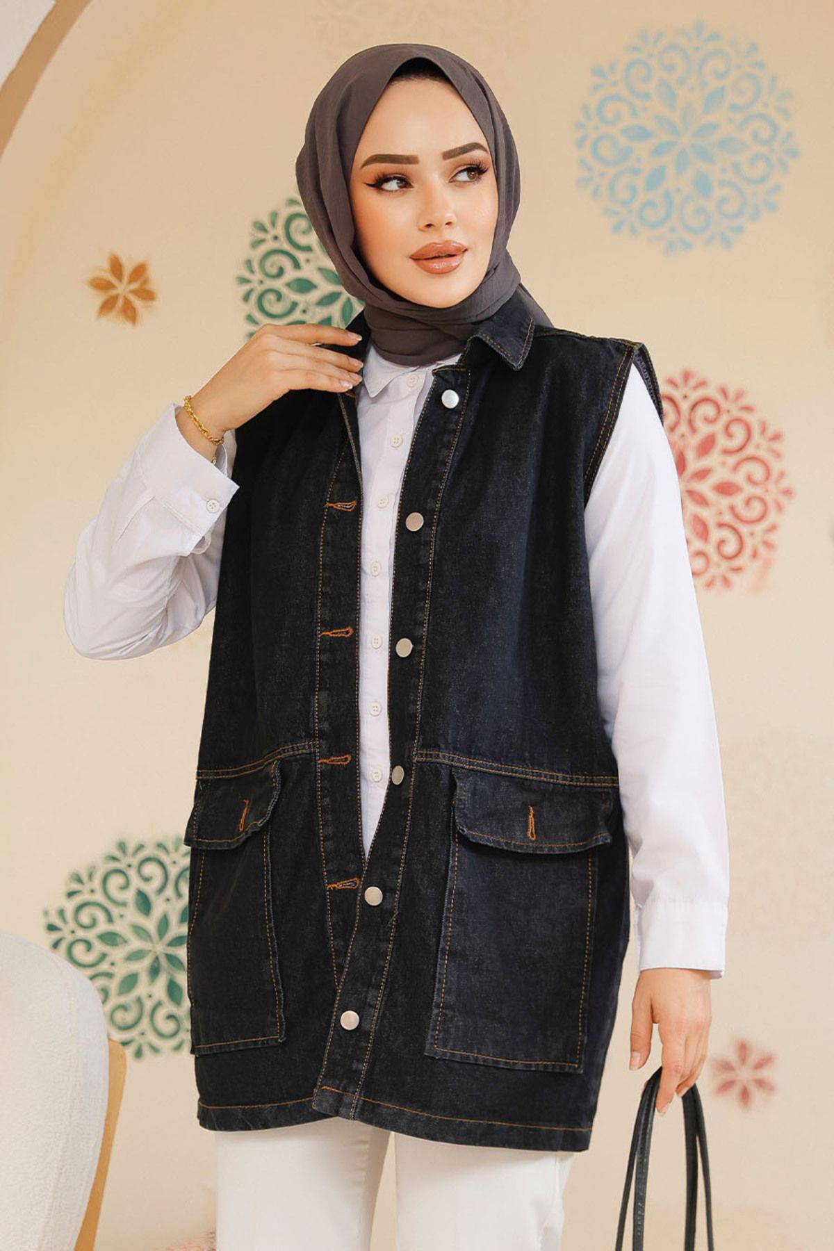 Neva Style-Dark Anthracite Buttoned Hijab Vest - 20444Kant 4