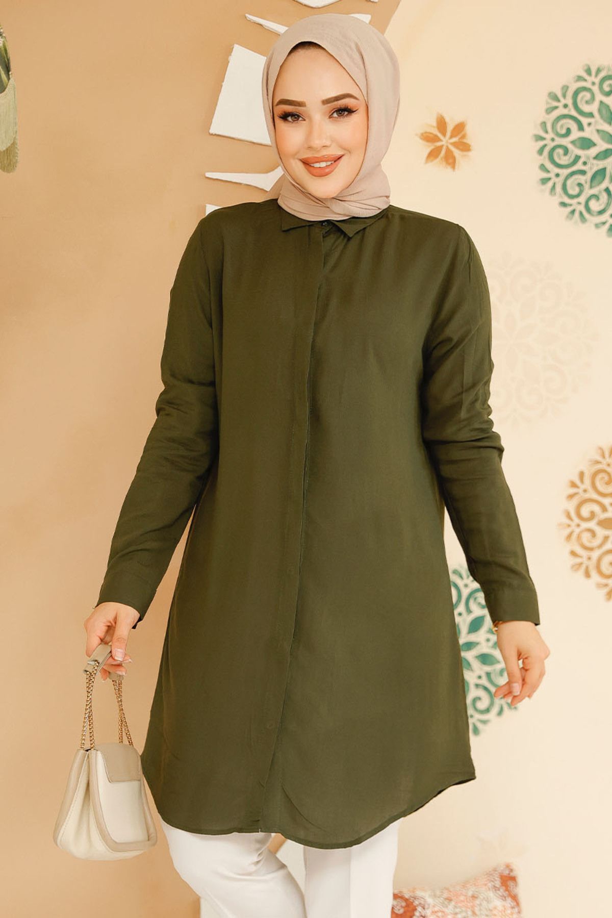 Neva Style-Khaki Patterned Hijab Tunic - 11715Hk 2