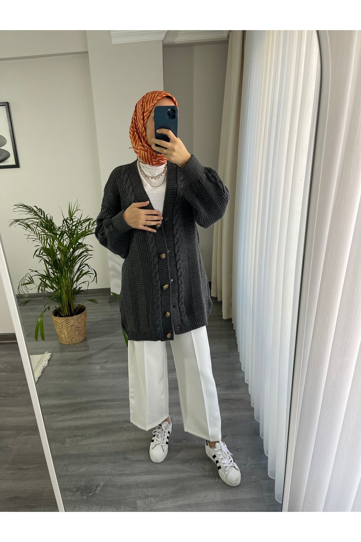 MOONSC-كارديجان نسائي محبوك بلون أنثراسايت - 5 أزرار، تفاصيل محبوكة بالشعر 3