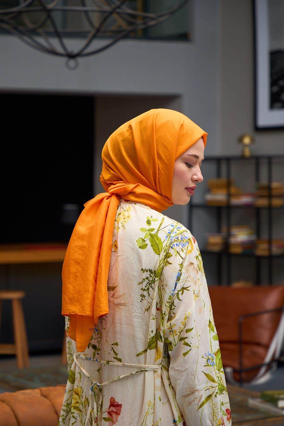 İpekhan-Plain Pattern Voile Shawl Orange Voile Silk Shawl - 9800-11 4