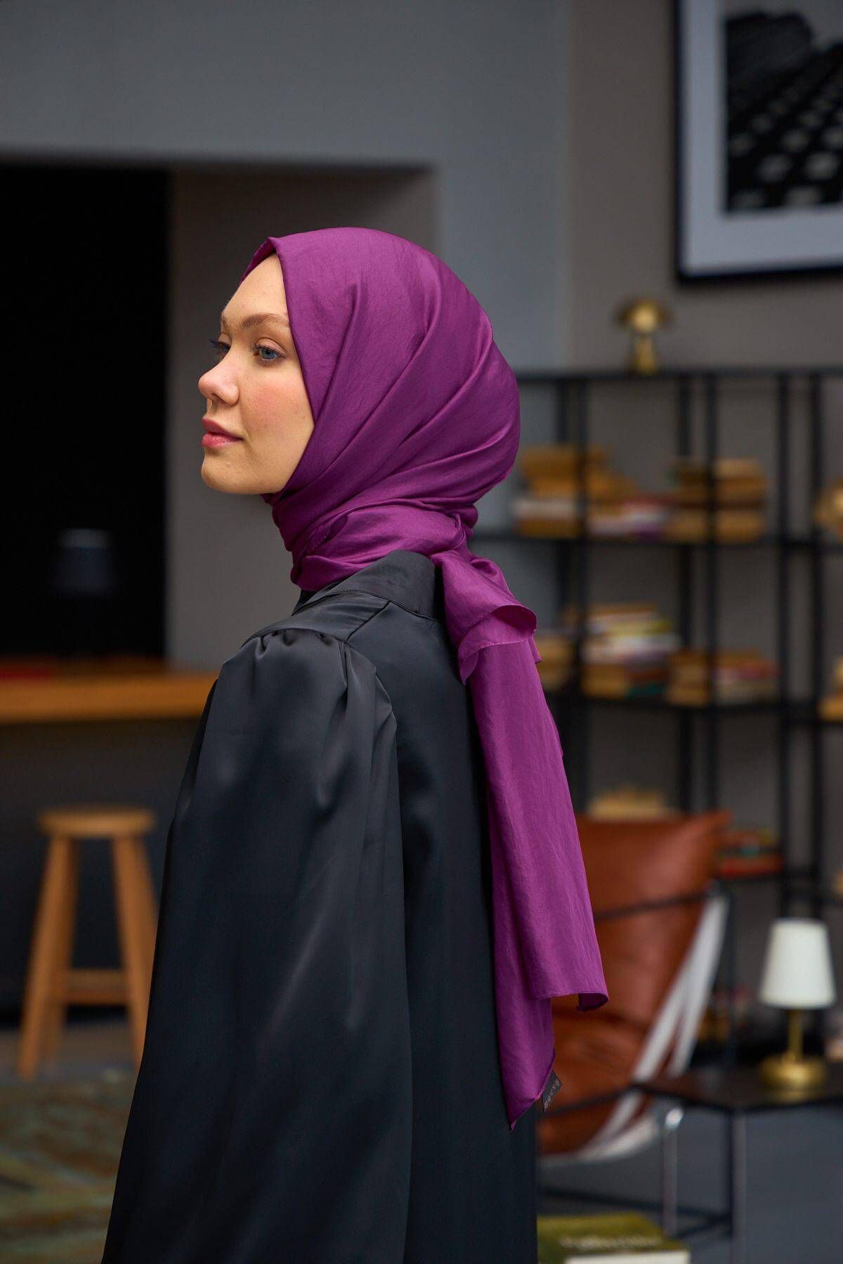 İpekhan-Silk Voile Shawl - Plain Pattern, Plum Color - 9800-15 3