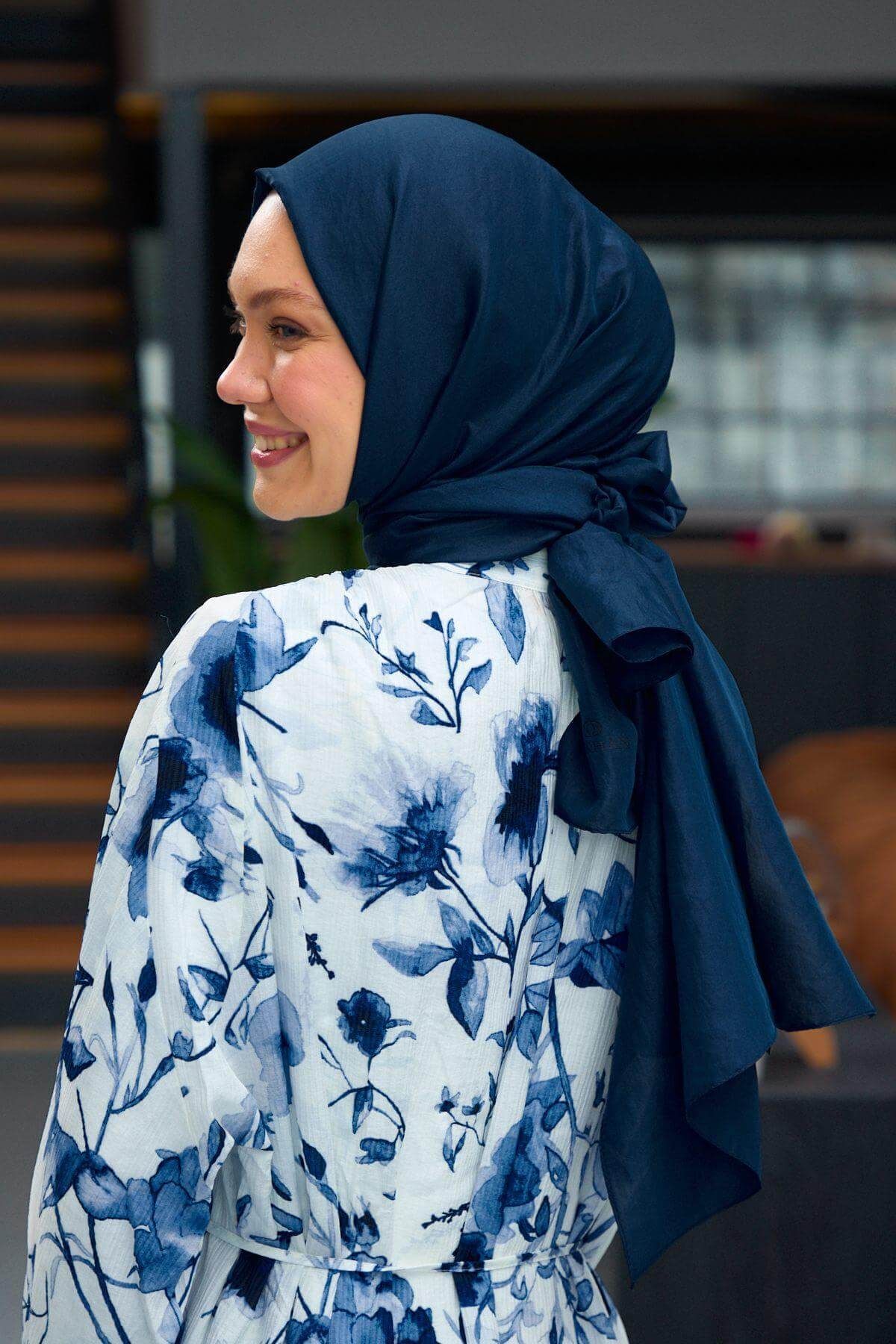 İpekhan-Plain Pattern Voile Shawl Night Blue Voile Silk Shawl - 9800-02 4