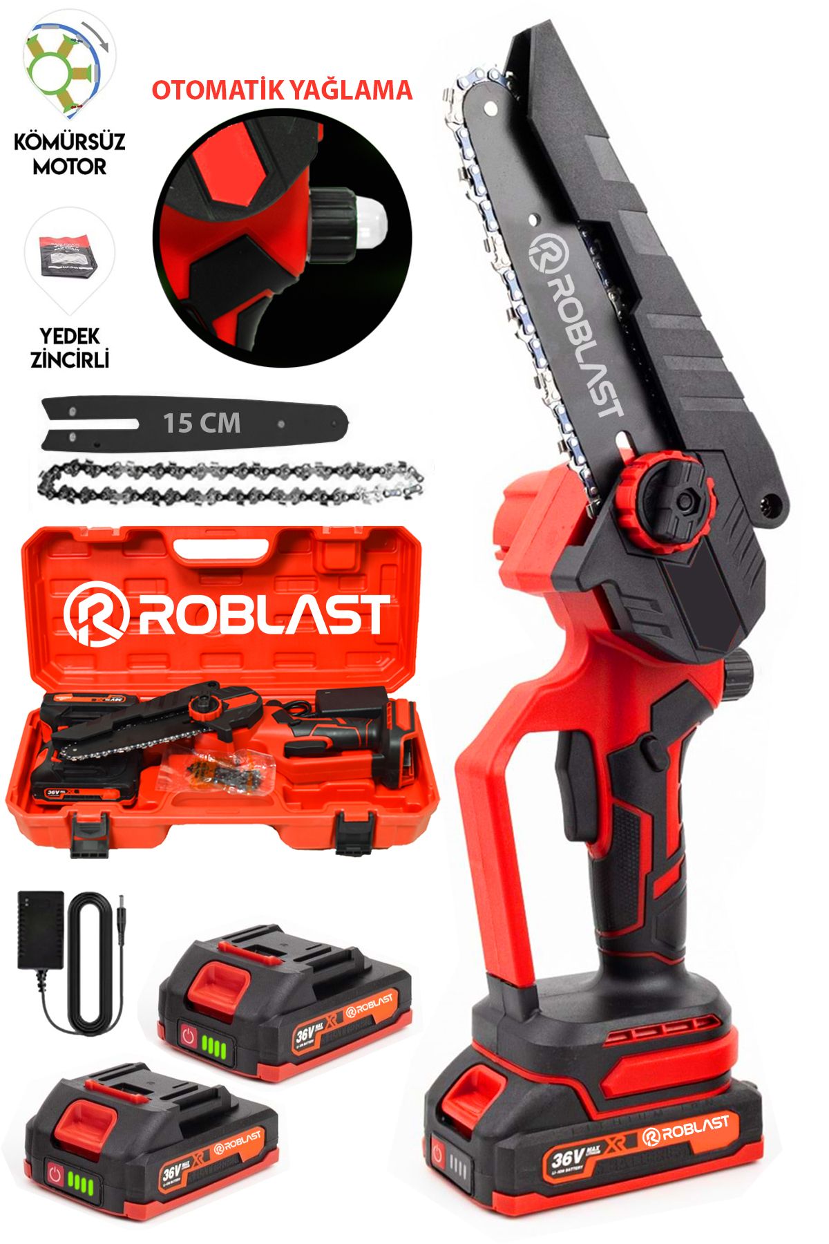 ROBLAST 36V 5Ah Profesyonel Çift Bataryalı Kömürsüz Motor 15Cm Pala Dal budama Testeresi