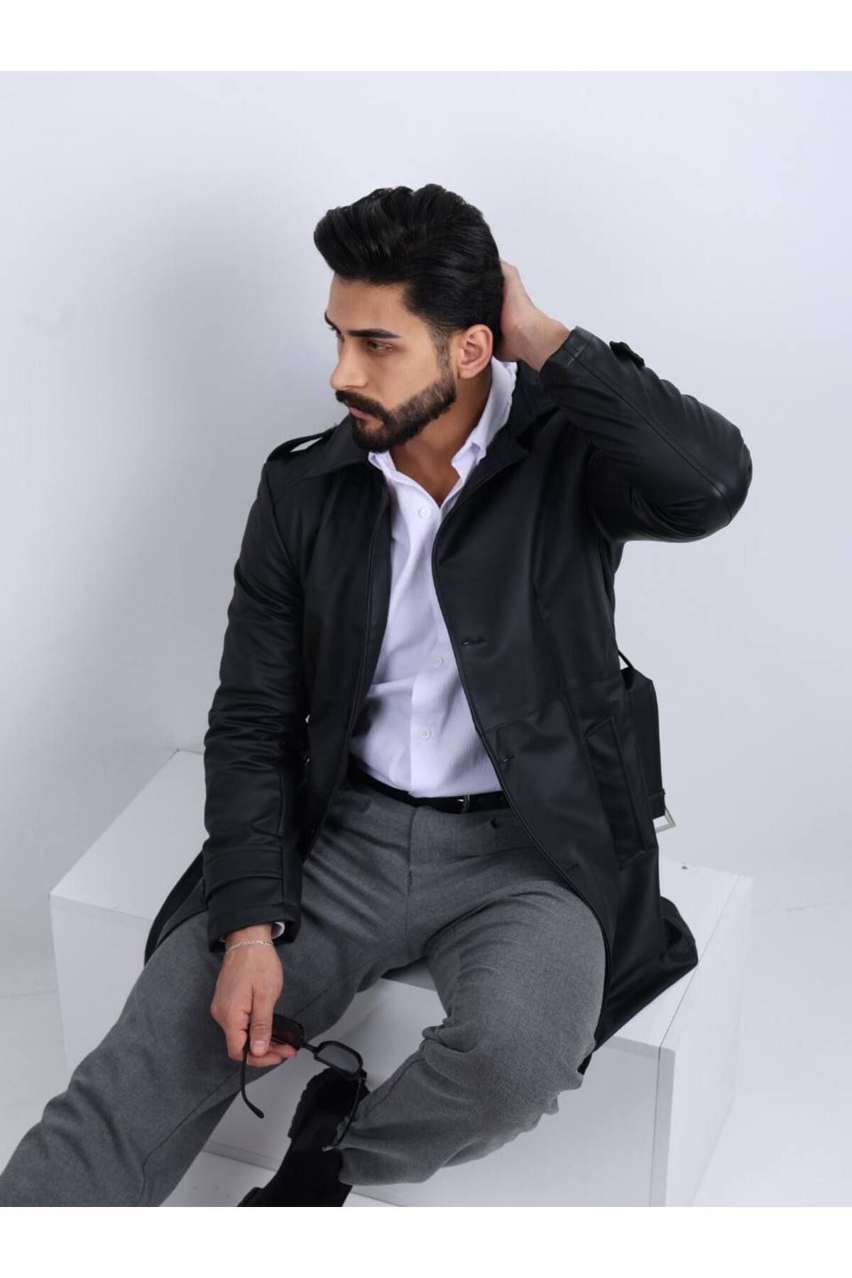 geyigo-Men's Long Leather Jacket 5