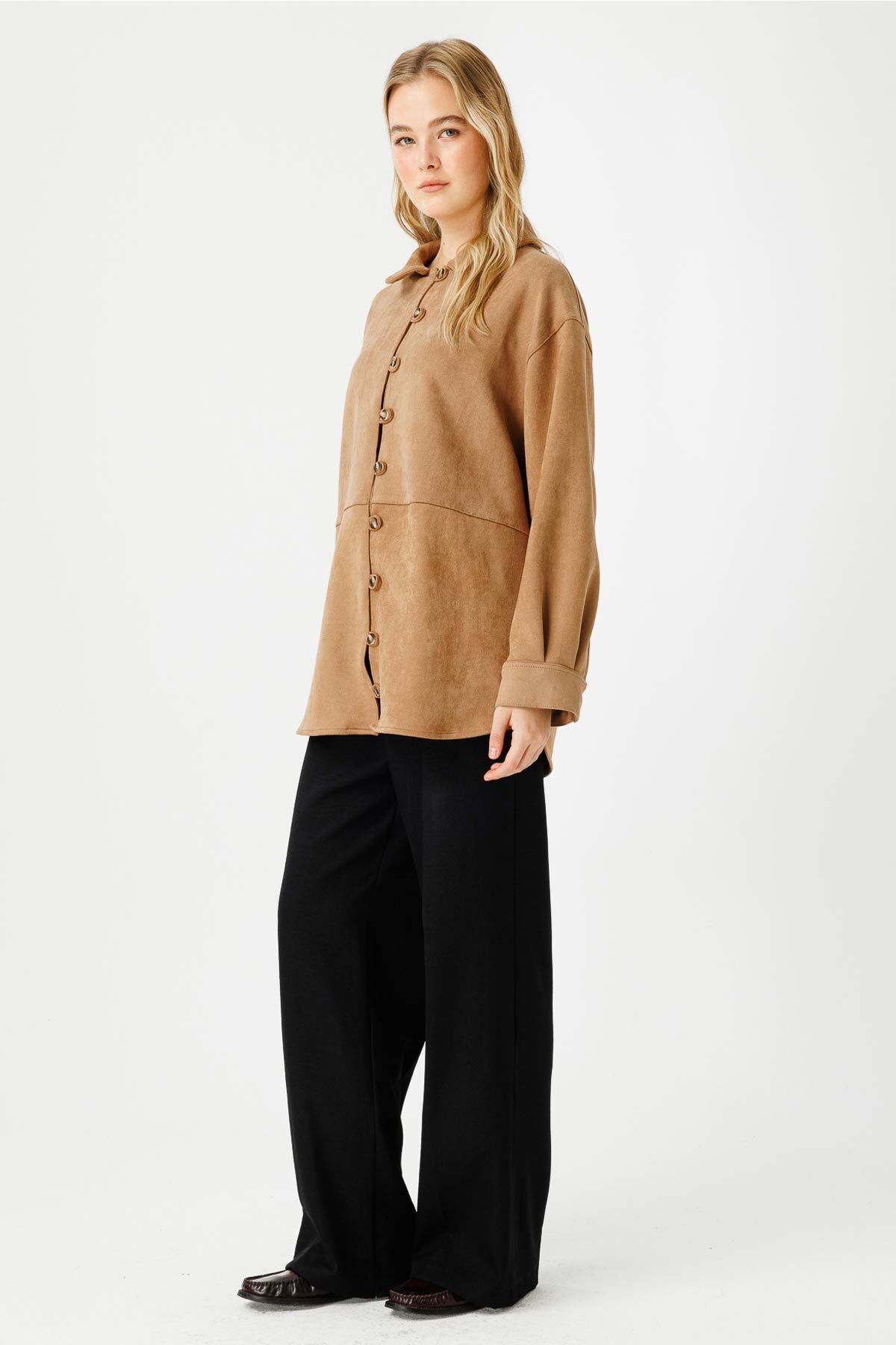 Hooopstore-Suede Birit Detailed Camel Suede Shirt 4