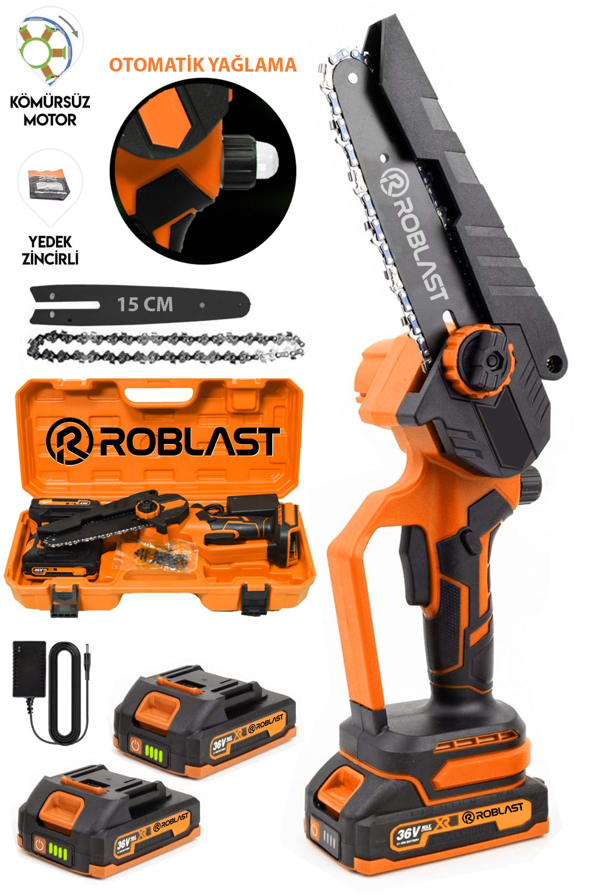 ROBLAST 36v 5ah Profesyonel Çift Bataryalı Kömürsüz Motor 15cm Pala Dal Budama Testeresi