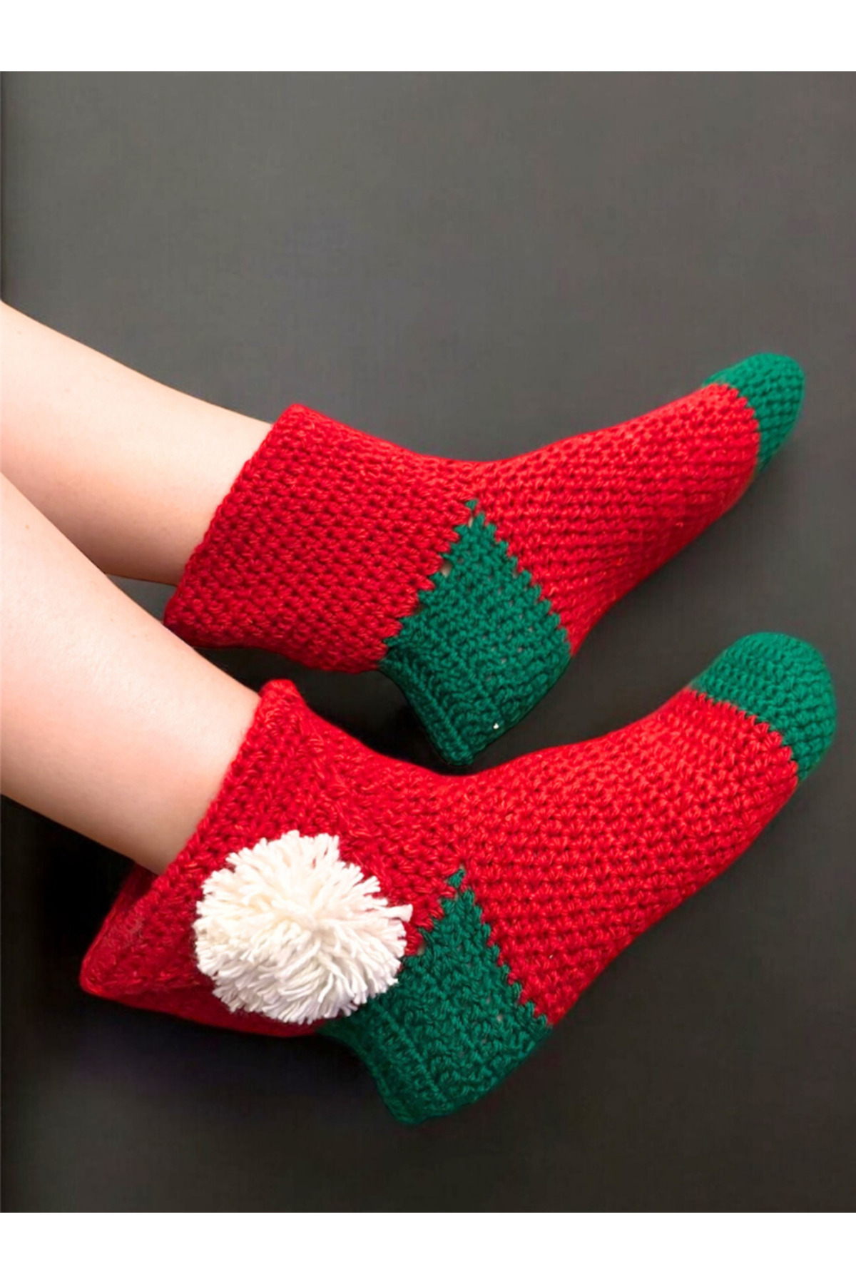 Valore El Örgüsü Tığ İşi Kadın Kırmızı ve Yeşil Ev Çorabı ve Patiği / Yün Patik / Yün Çorap