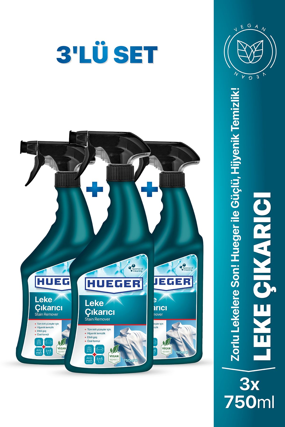 Hueger Kumaş ve Yüzeyler İçin Güçlü Leke Çıkarıcı Sprey 3'lü Set 750 ml + 750 ml + 750 ml