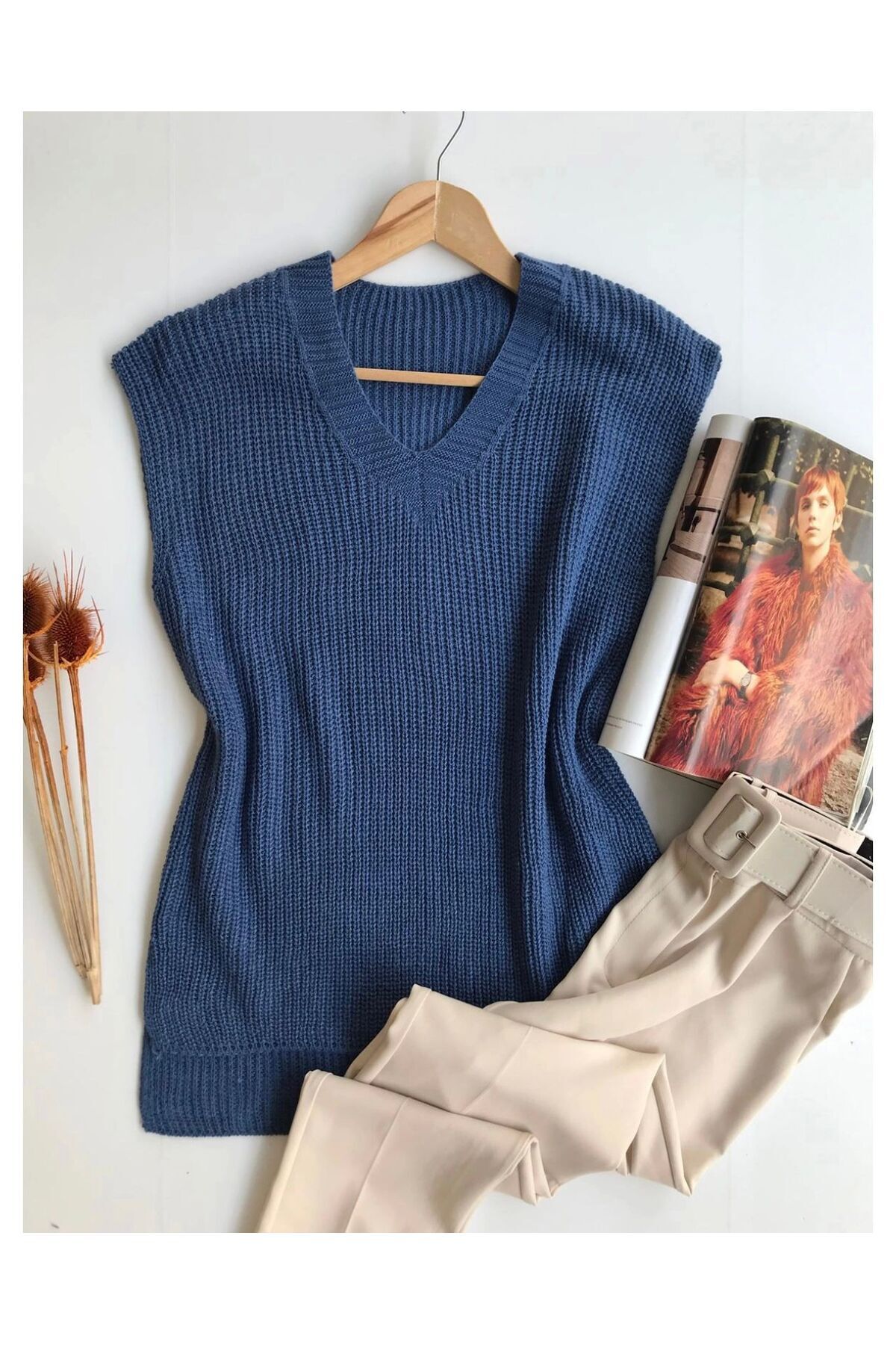 moda mh V Yaka Yırtmaclı Triko Selanik Süveter Ön Boy 65 Cm Arka Boy 70 Cm En 50 Cmdir SELANİK SÜVETER