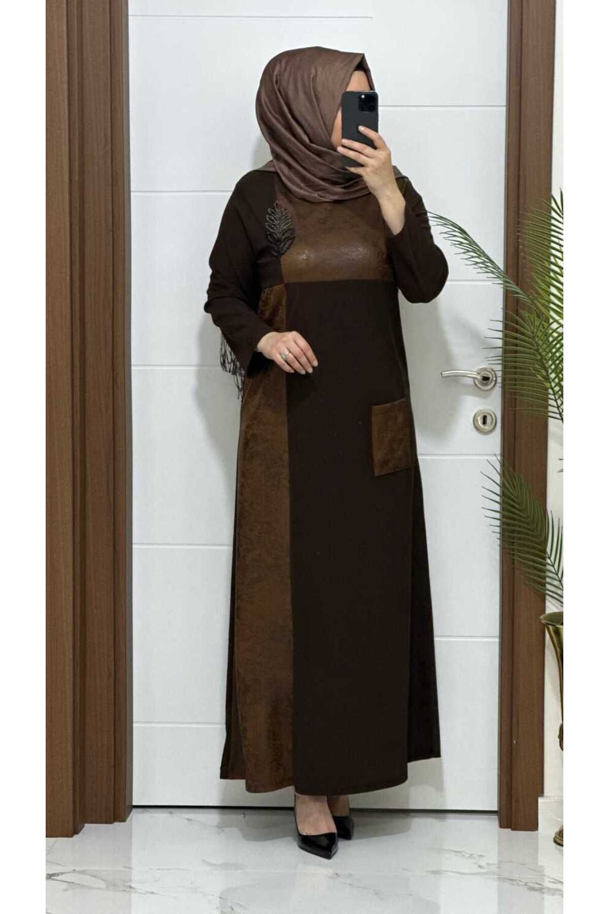 masalabiyem-7152 K 100 Brown Leaves Stone Crepe Dress 3