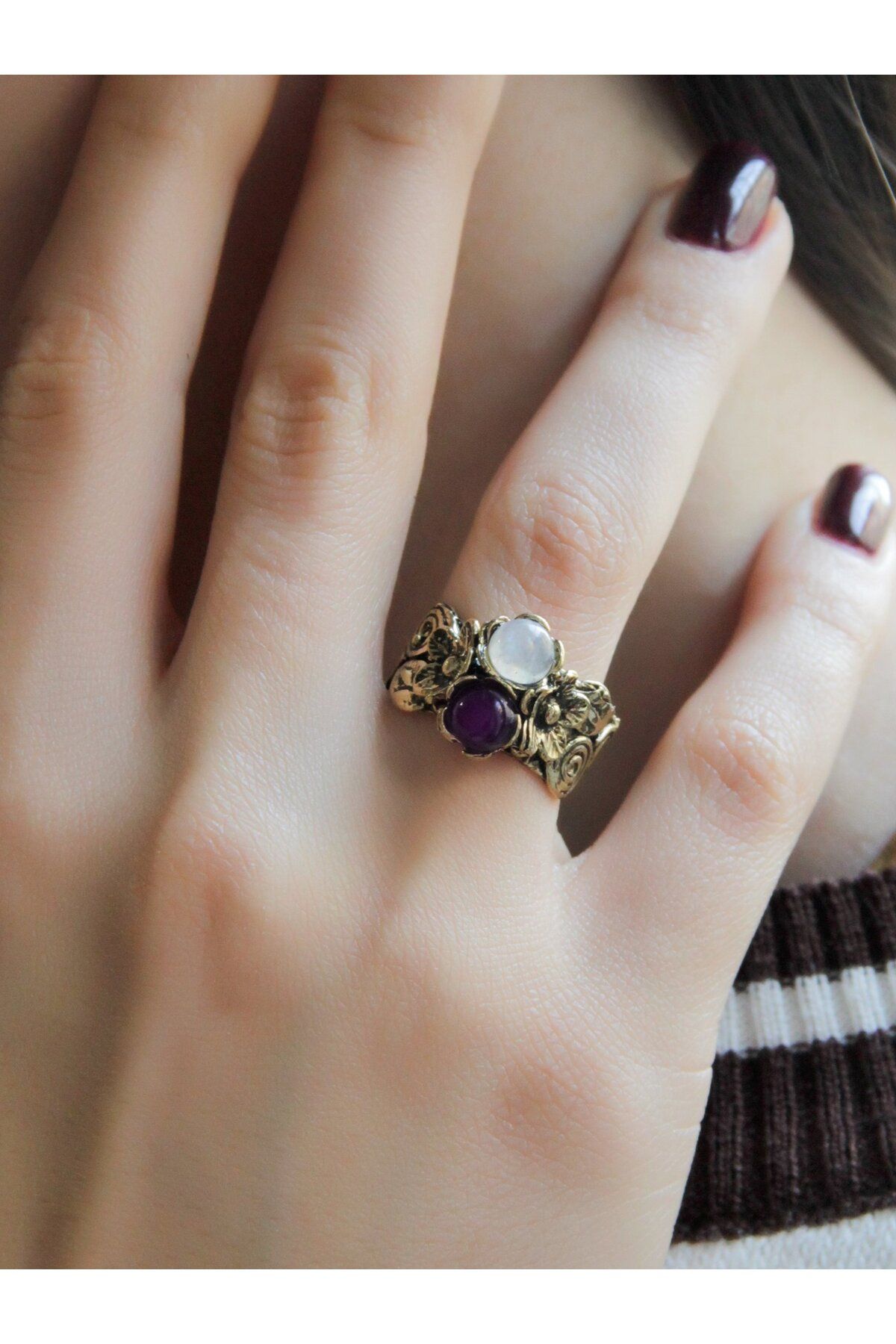 esha-Natural Stone Double Flower Motif Women's Ring Amethyst - Ancient and Adjustable Euy22Aamt 2