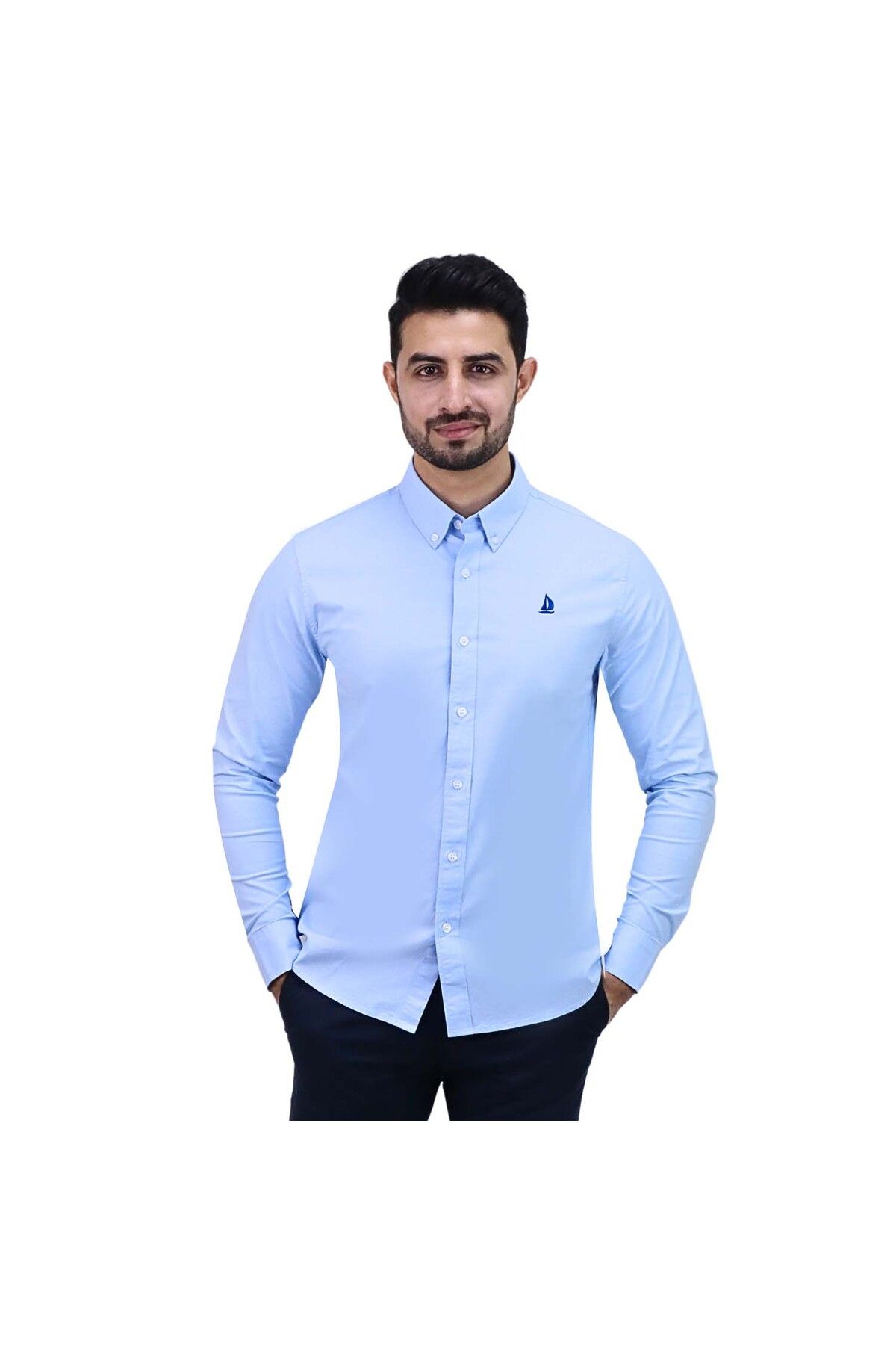 Giordano-Men’s Cotton Spandex Oxford Slim Fit Embroidery Shirt 1