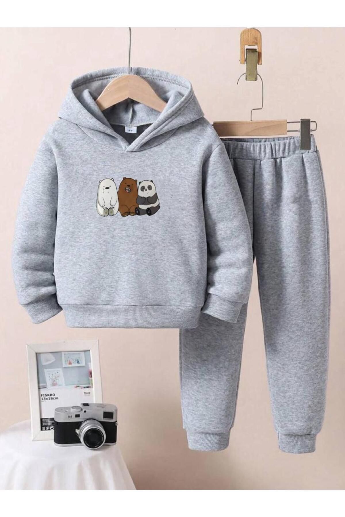 FoxSkin Sportswear&Company Kafadar Ayılar Pamuk Çocuk Takım - Gri Sweatshirt Jogger Baskılı Kız Erkek Çocuk Kapüşonlu