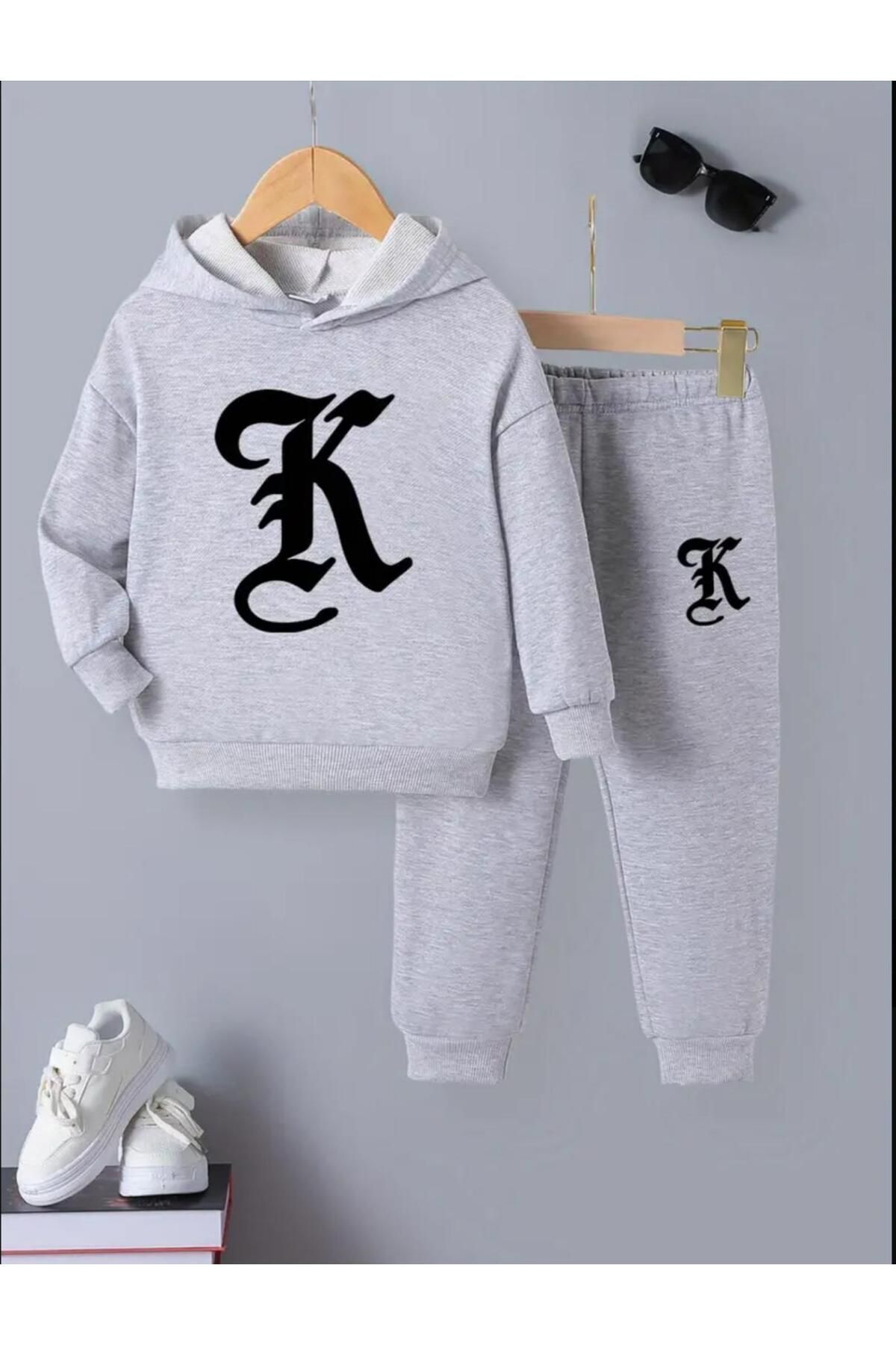 FoxSkin Sportswear&Company K Harfli Pamuk Çocuk Takım - Gri Sweatshirt Jogger Baskılı Kız Erkek Çocuk Kapüşonlu