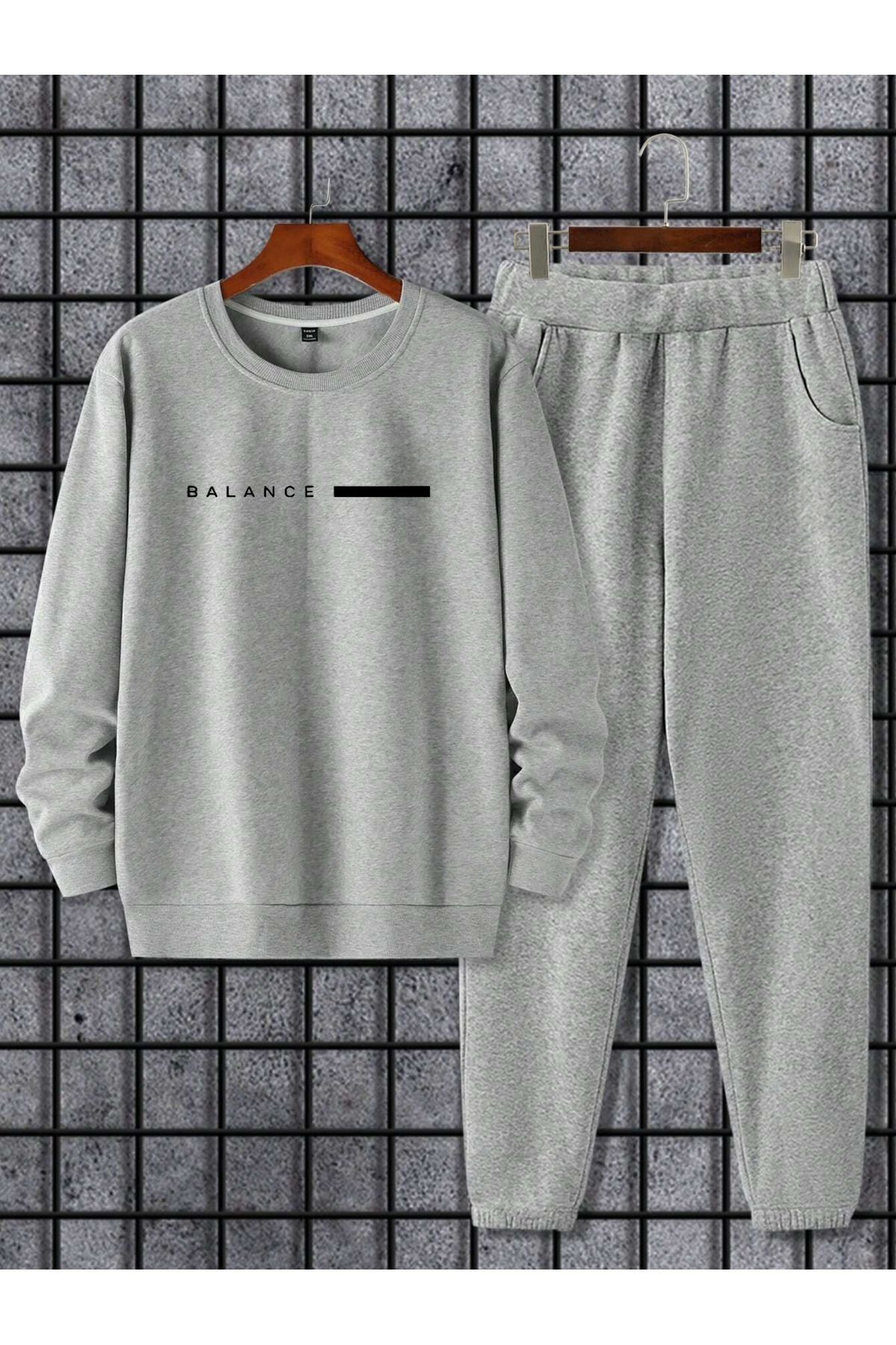 FoxSkin Sportswear&Company Balance Sweatshirt Eşofman Altı Jogger - Gri Baskılı Eşofman Takımı Bisiklet Yaka