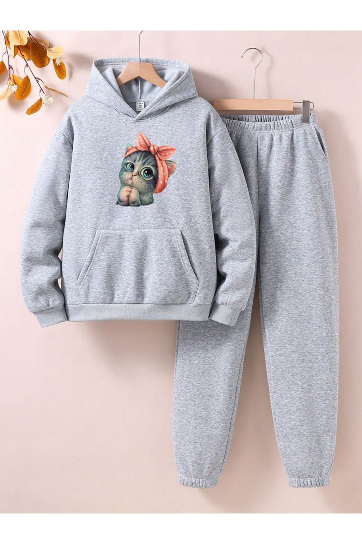 FoxSkin Sportswear&Company Tatlı Kedi Pamuk Çocuk Takım - Gri Sweatshirt Jogger Baskılı Kız Erkek Çocuk Kapüşonlu