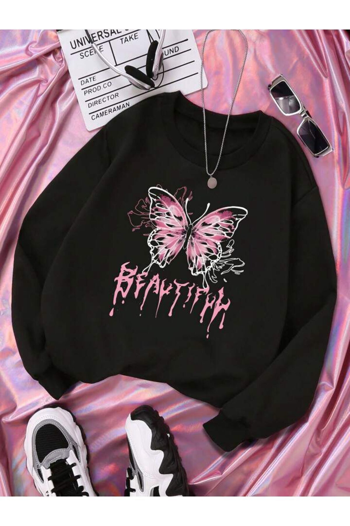 FoxSkin Sportswear&Company Beautiful Butterfly Pamuklu Çocuk Sweatshirt - Siyah Baskılı Kız Erkek Çocuk Kışlık Bisiklet Yaka