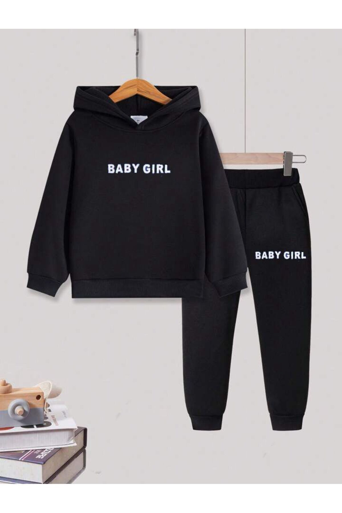 FoxSkin Sportswear&Company Baby Girl Pamuk Çocuk Takım - Siyah Sweatshirt Jogger Baskılı Kız Erkek Çocuk Kapüşonlu